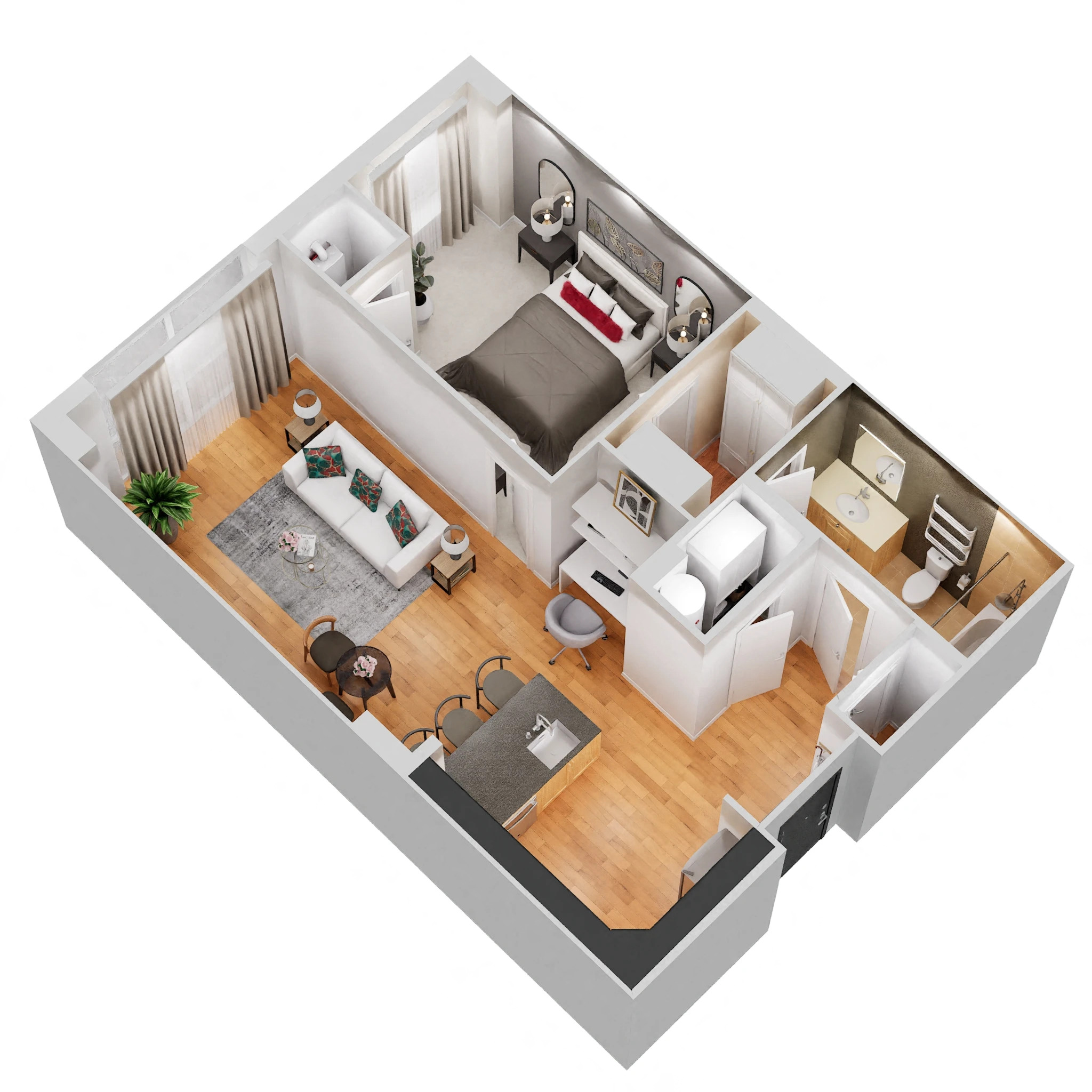 Floor plan for 1 bed, 1 bath, 637 sqft
