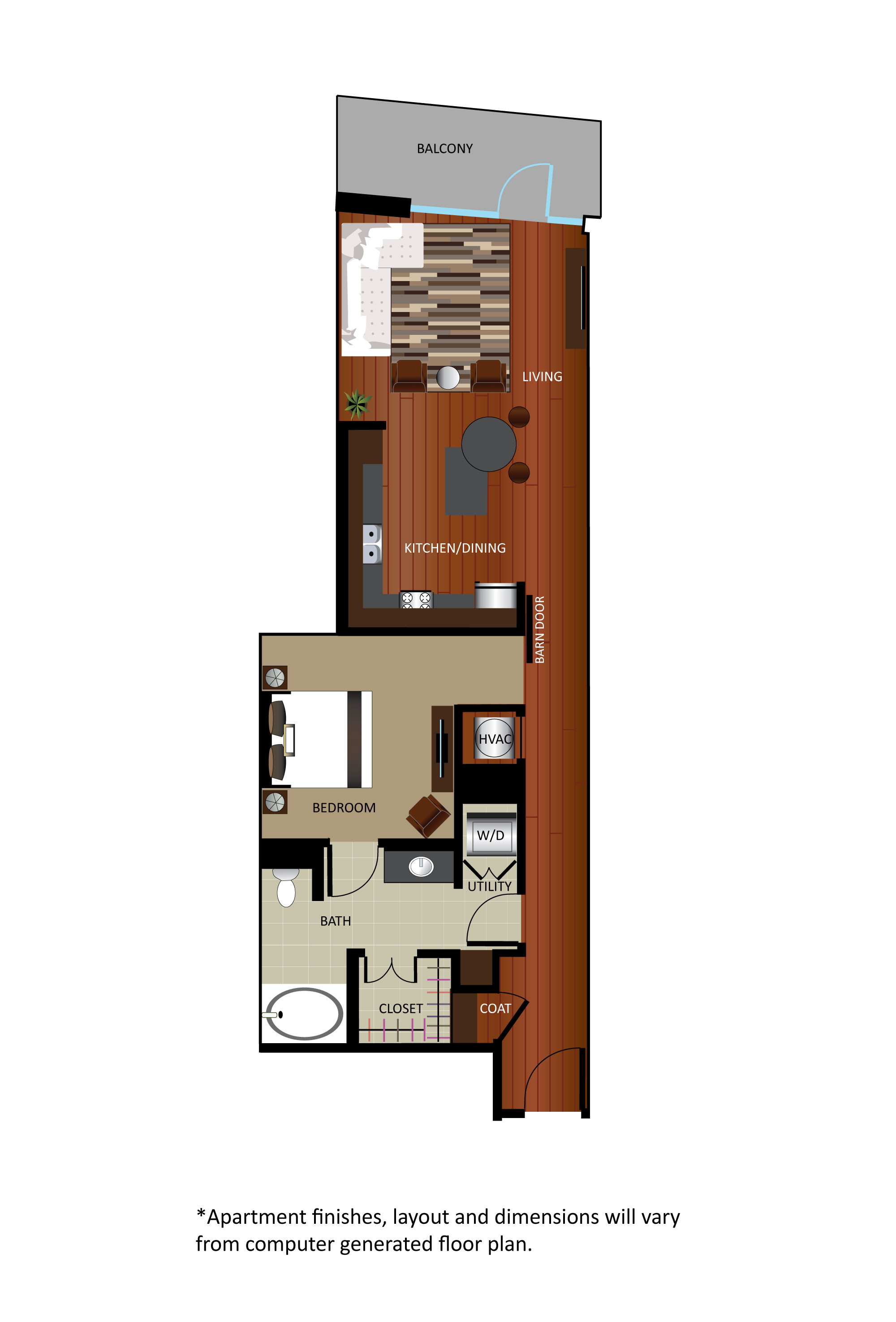 Floor plan for 1 bed, 1 bath, 851 sqft