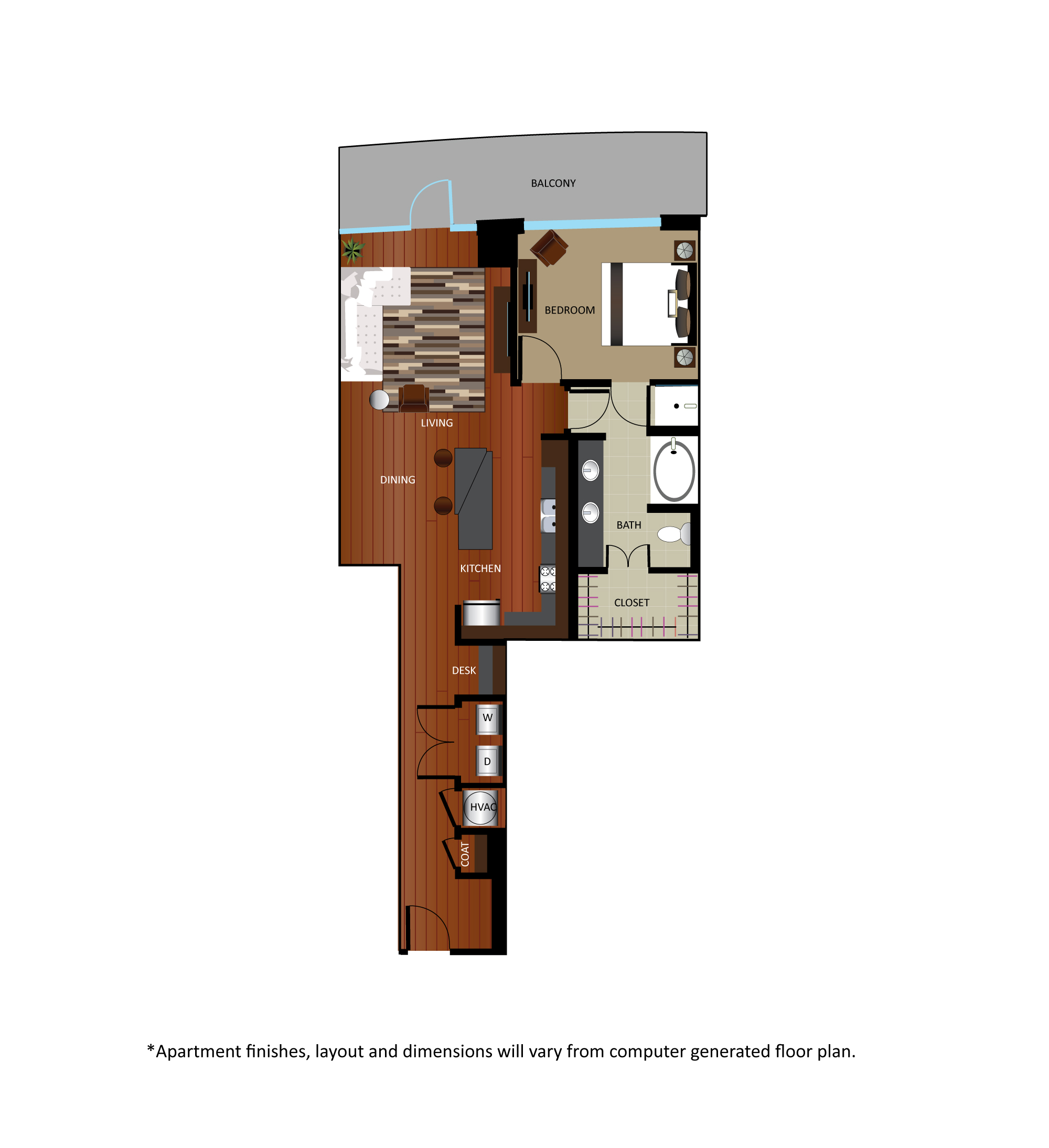 Floor plan for 1 bed, 1 bath, 1008 sqft