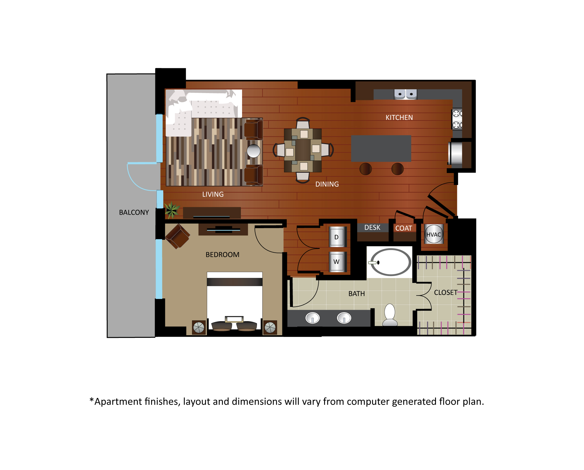 Floor plan for 1 bed, 1 bath, 949 sqft