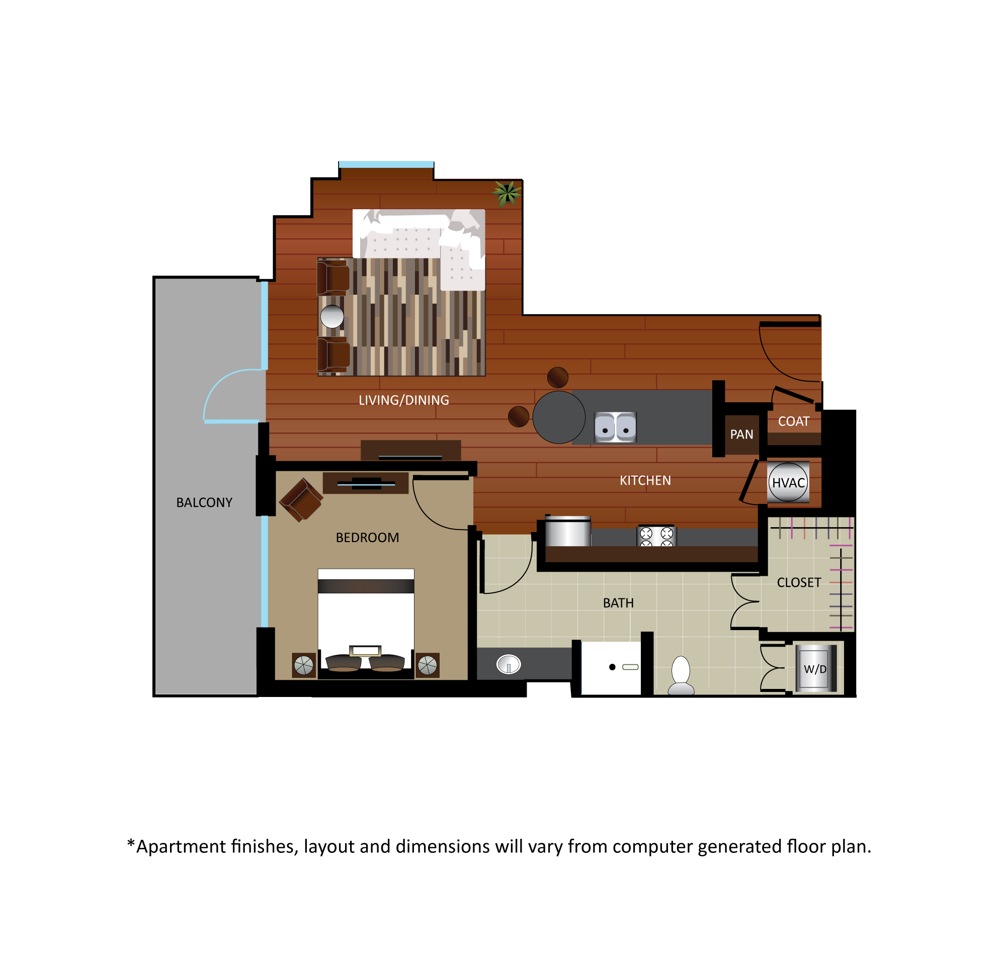 Floor plan for 1 bed, 1 bath, 885 sqft