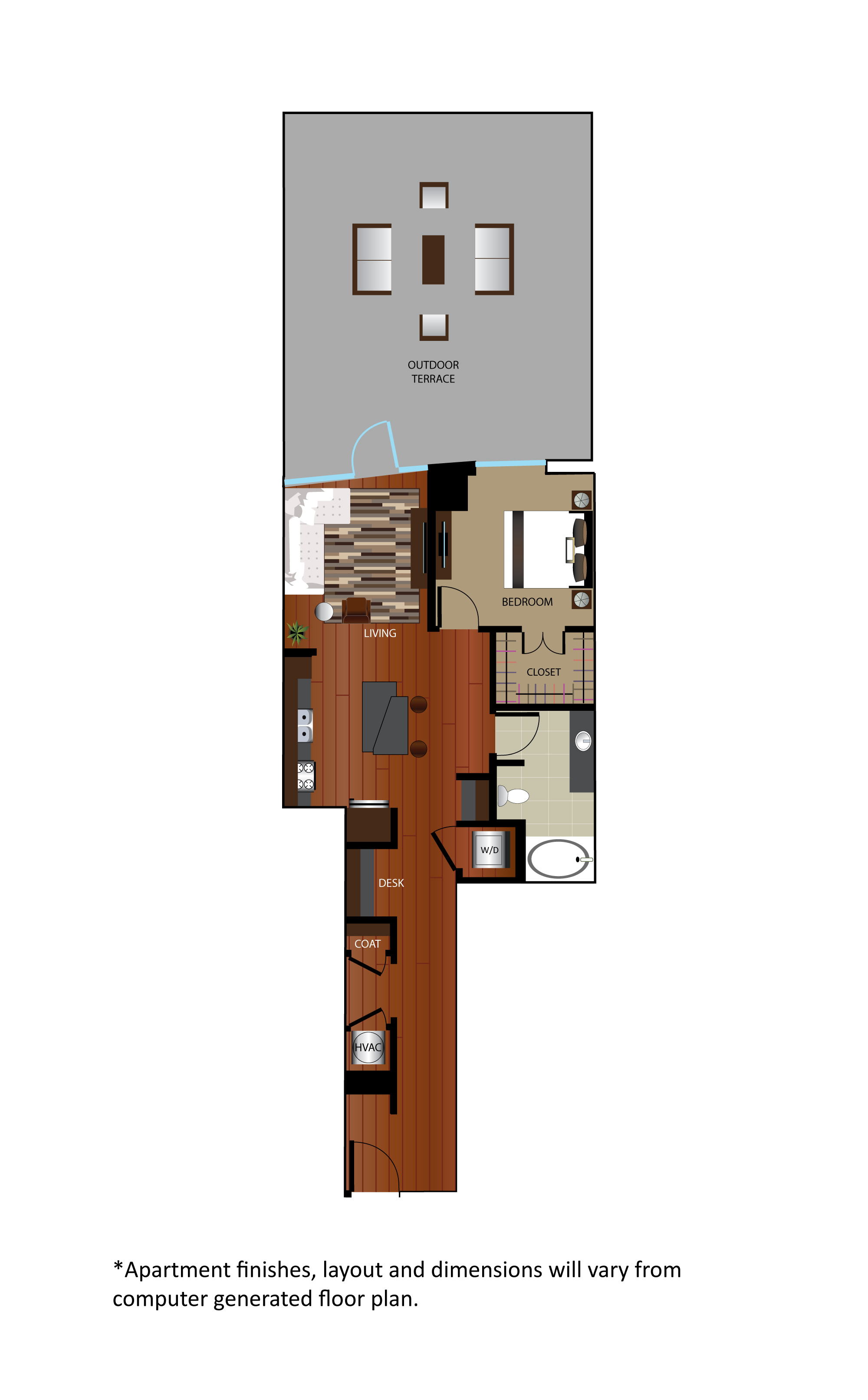 Floor plan for 1 bed, 1 bath, 871 sqft