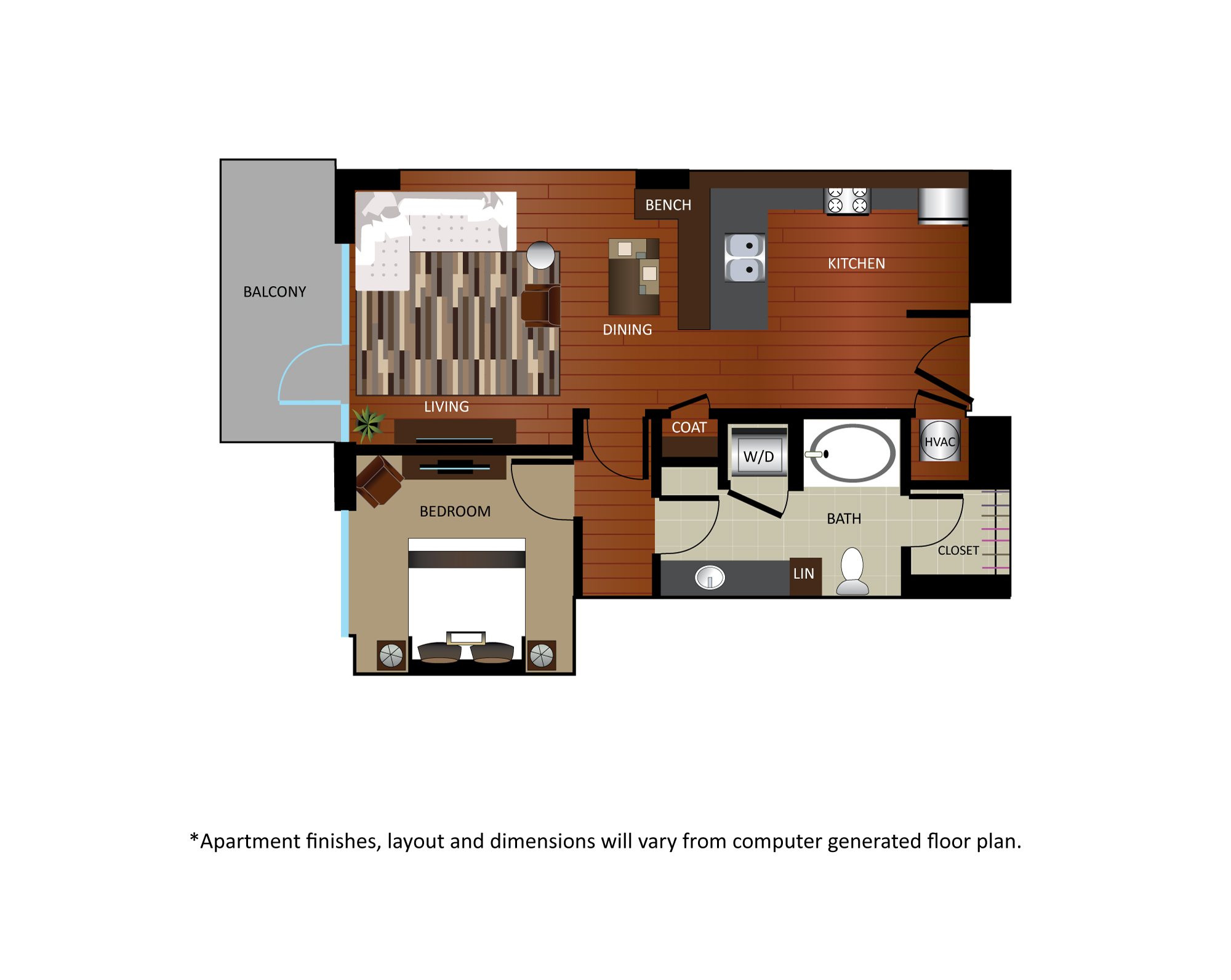 Floor plan for 1 bed, 1 bath, 796 sqft