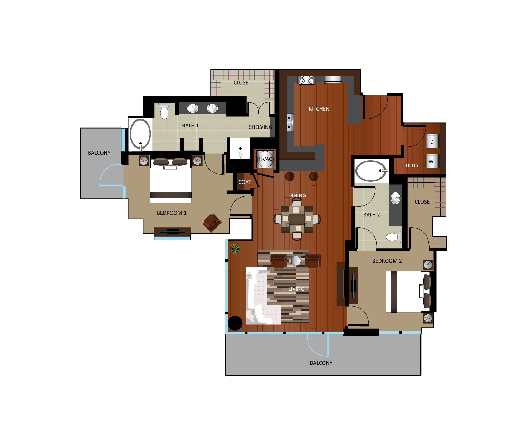 Floor plan for 2 beds, 2 baths, 1471 sqft