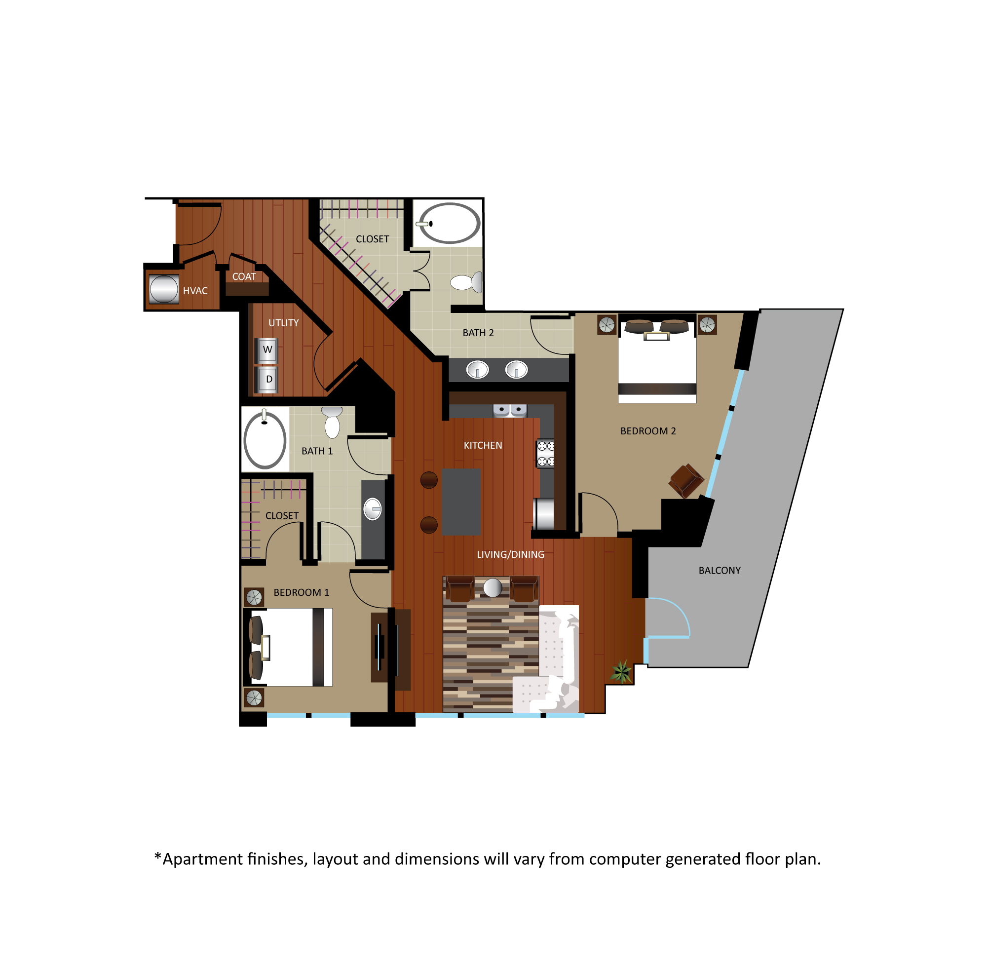 Floor plan for 2 beds, 2 baths, 1285 sqft