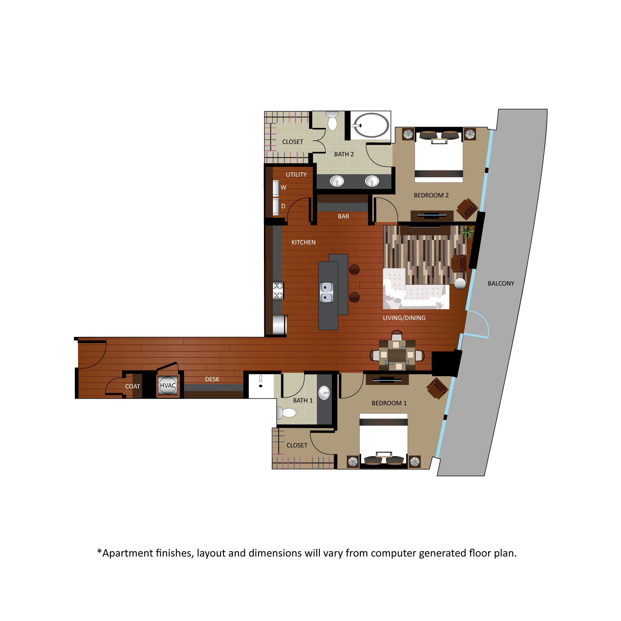 Floor plan for 2 beds, 2 baths, 1305 sqft
