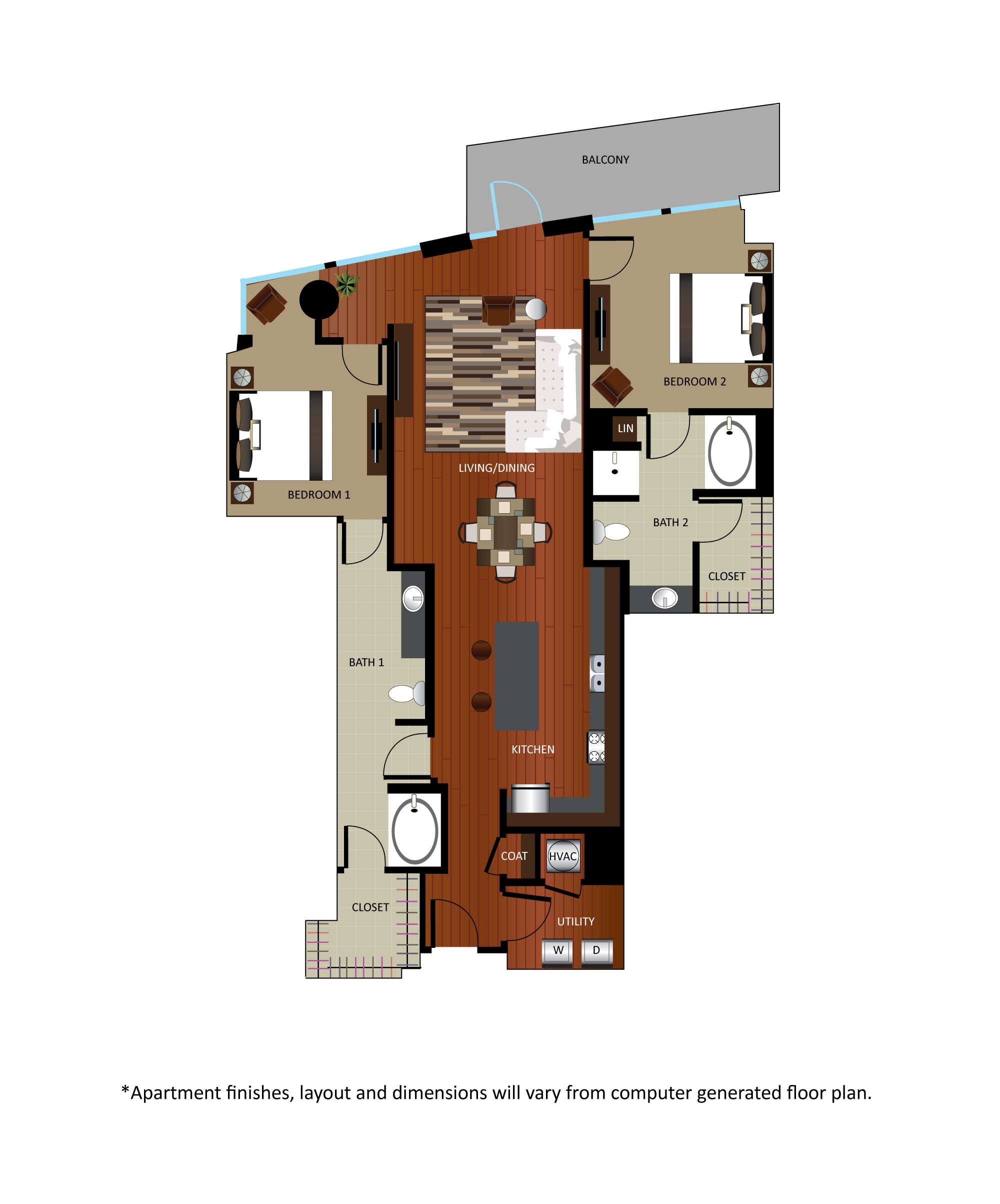 Floor plan for 2 beds, 2 baths, 1416 sqft