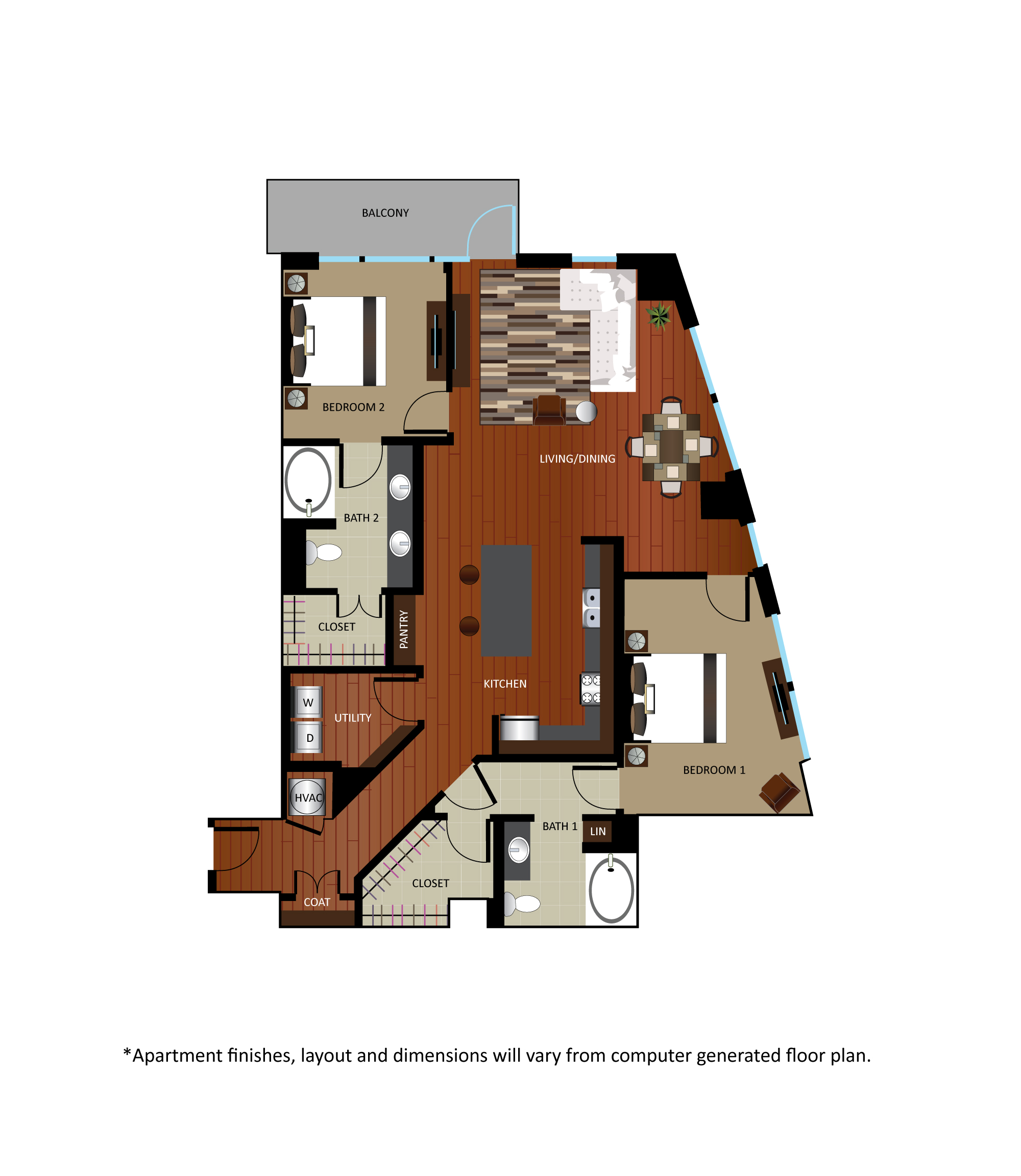 Floor plan for 2 beds, 2 baths, 1430 sqft