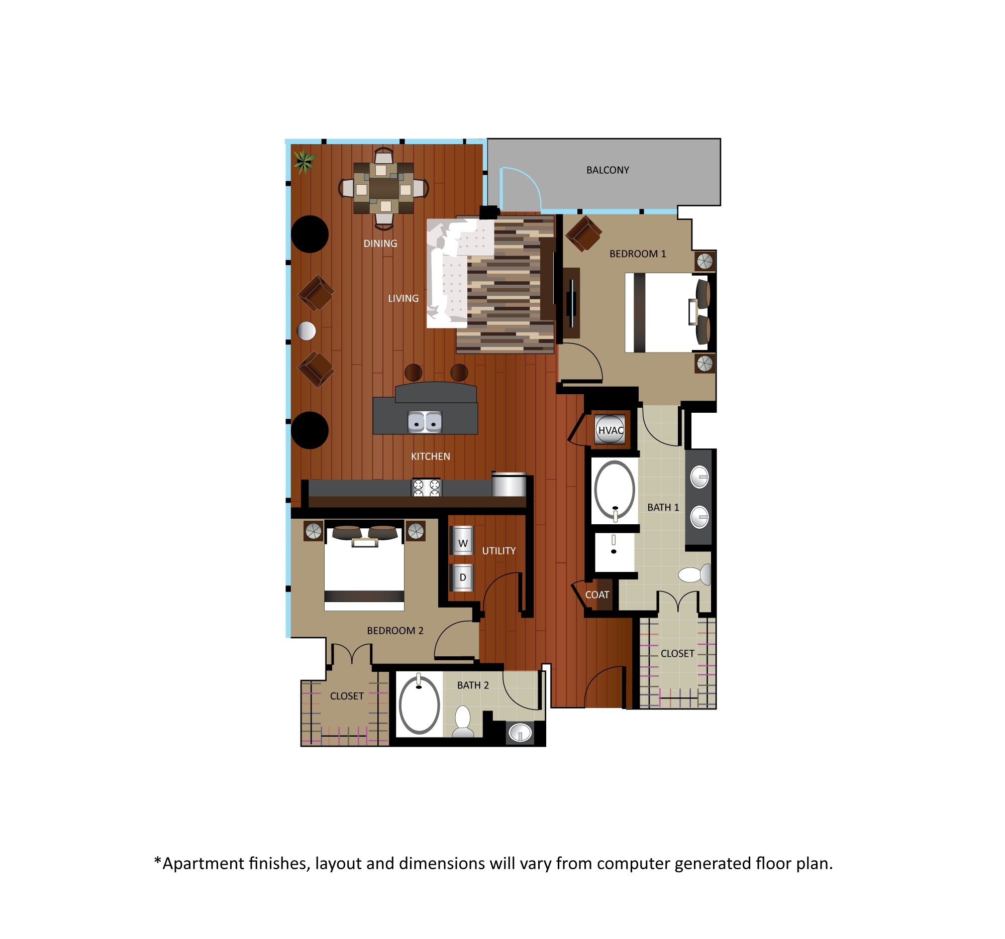 Floor plan for 2 beds, 2 baths, 1326 sqft