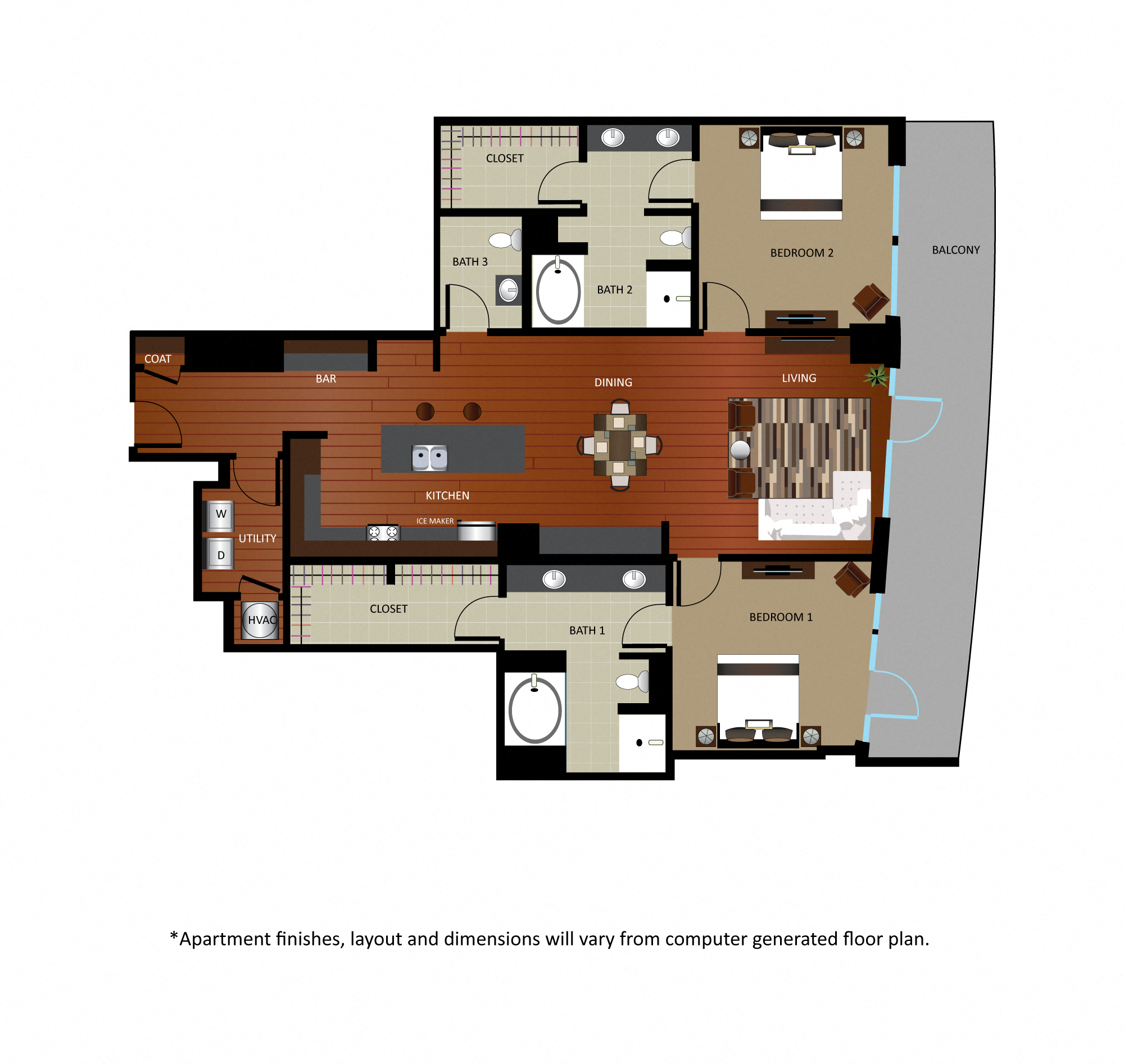 Floor plan for 2 beds, 2 baths, 1648 sqft