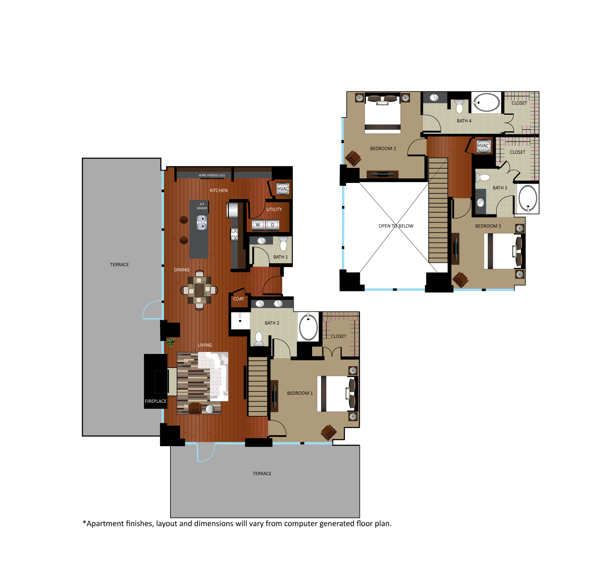 Floor plan for 3 beds, 3.5 baths