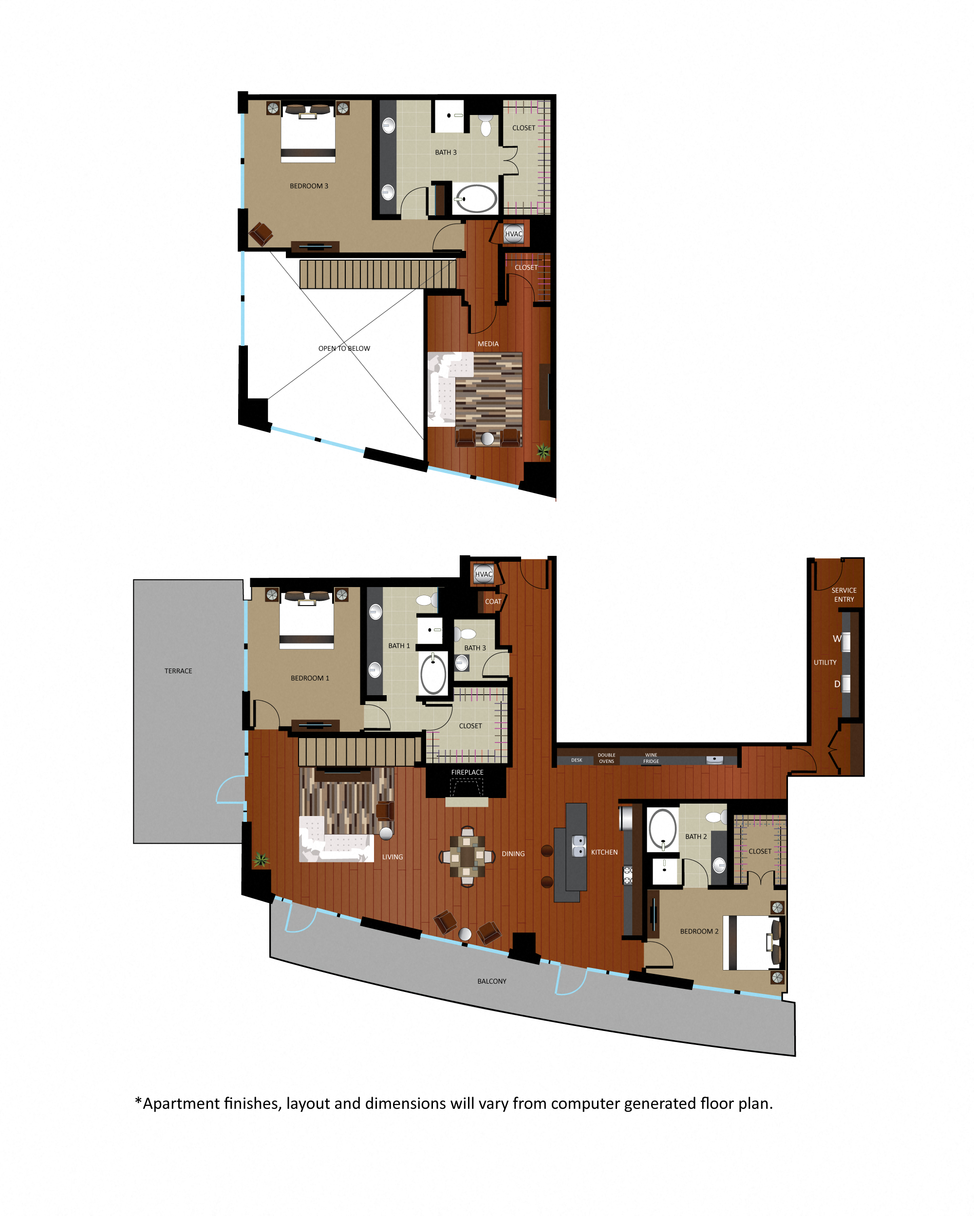 Floor plan for 3 beds, 3.5 baths, 3044 sqft
