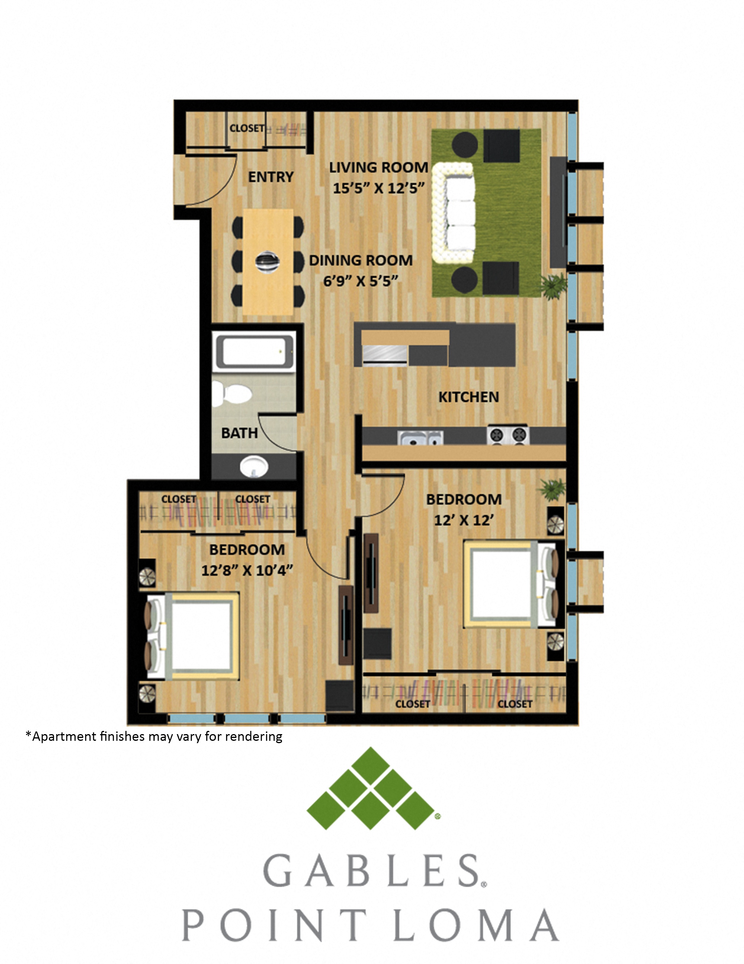 Floor plan for 2 beds, 1 bath, 850 sqft