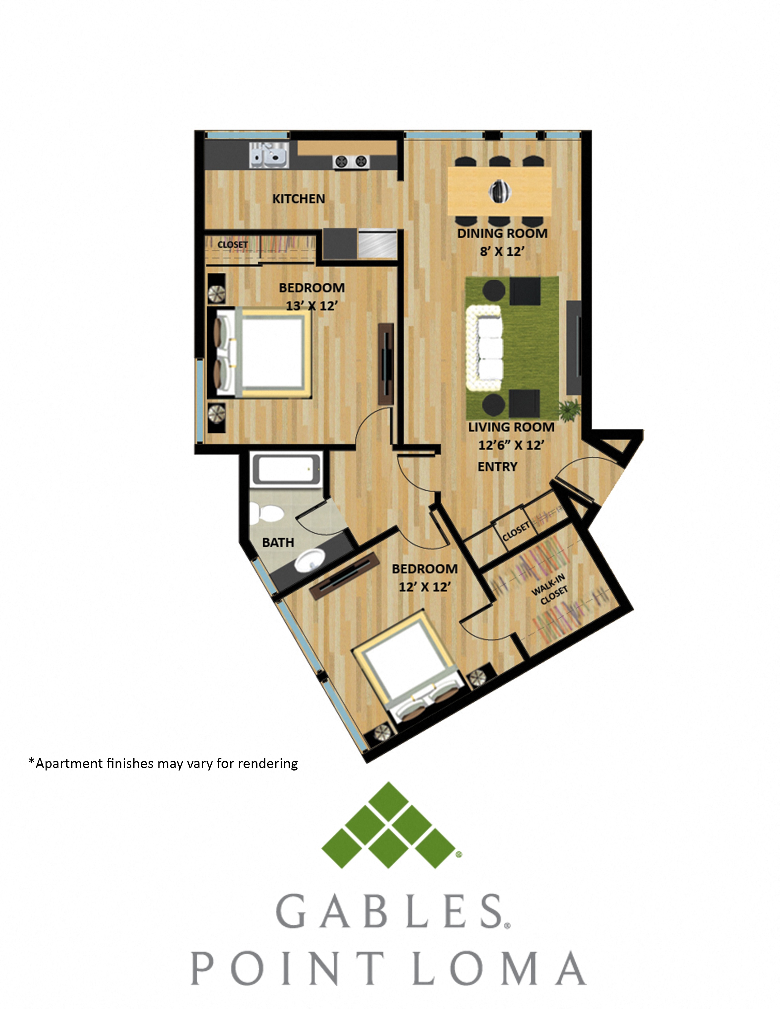Floor plan for 2 beds, 1 bath, 925 sqft