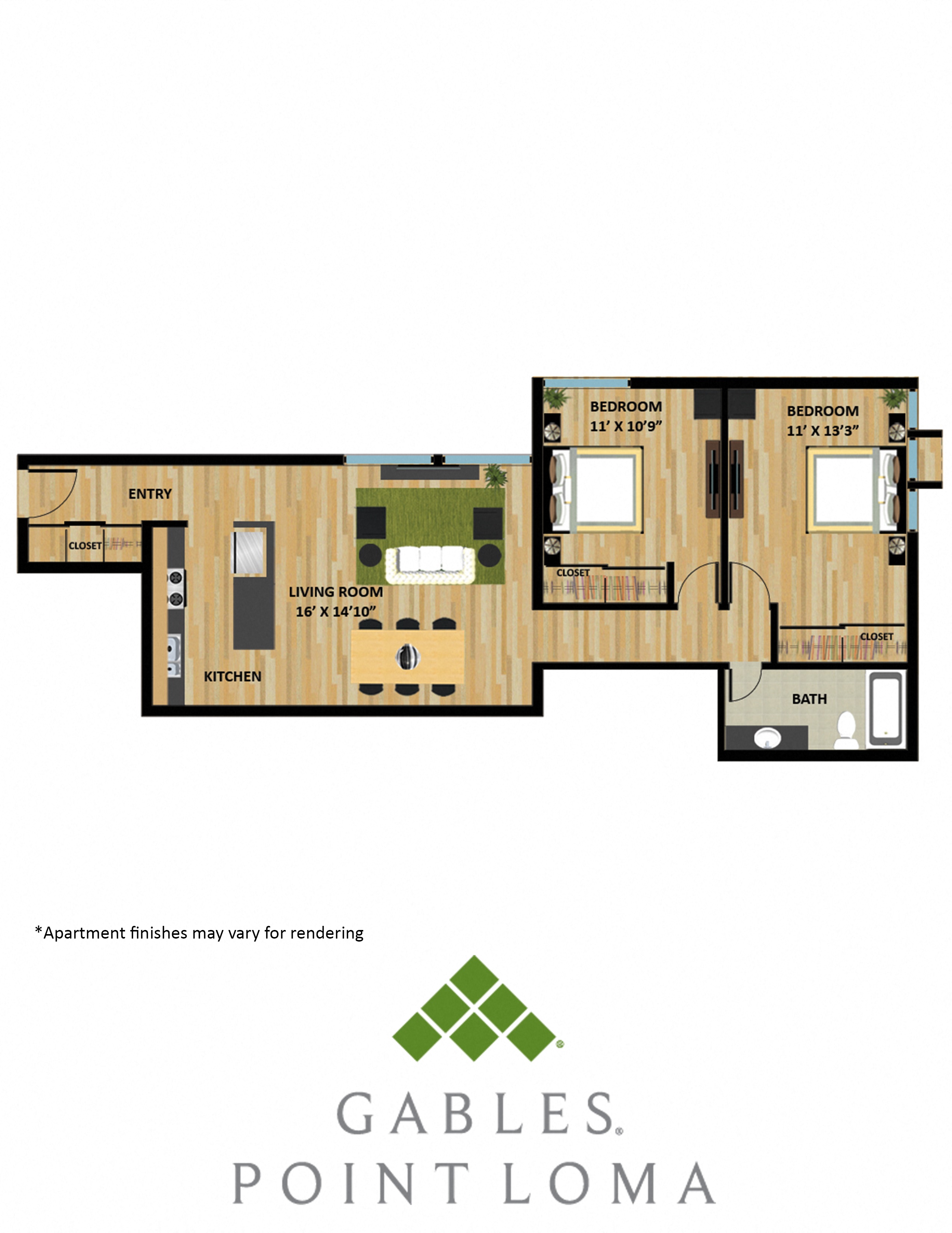 Floor plan for 2 beds, 1 bath, 880 sqft