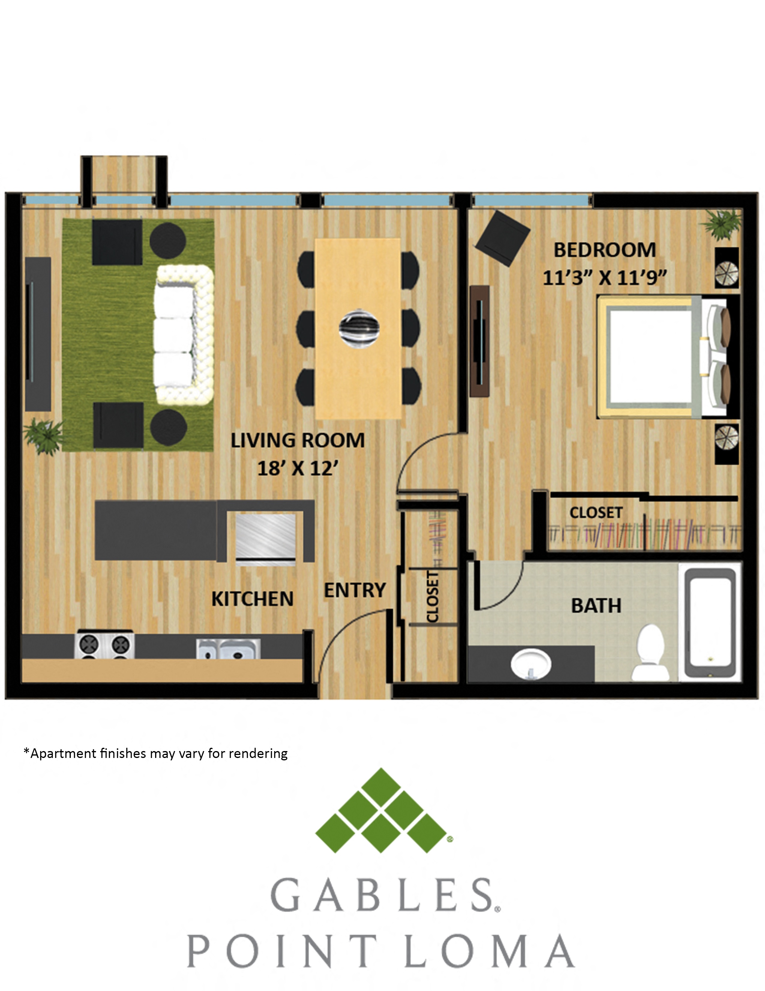 Floor plan for 1 bed, 1 bath, 600 sqft