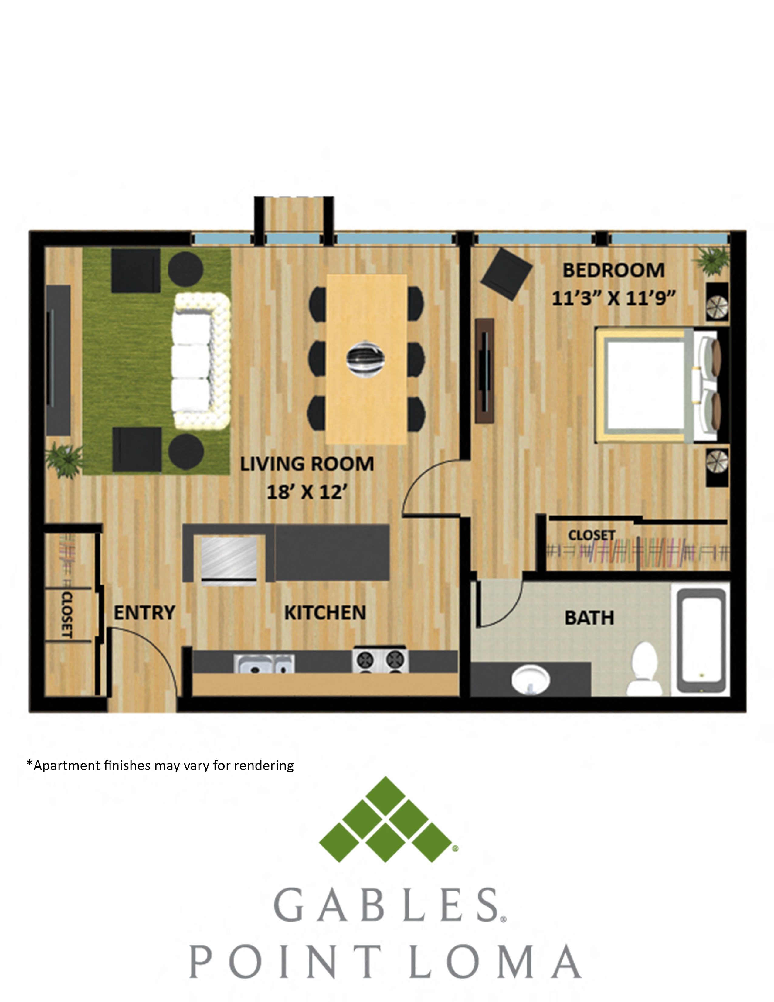 Floor plan for 1 bed, 1 bath, 600 sqft