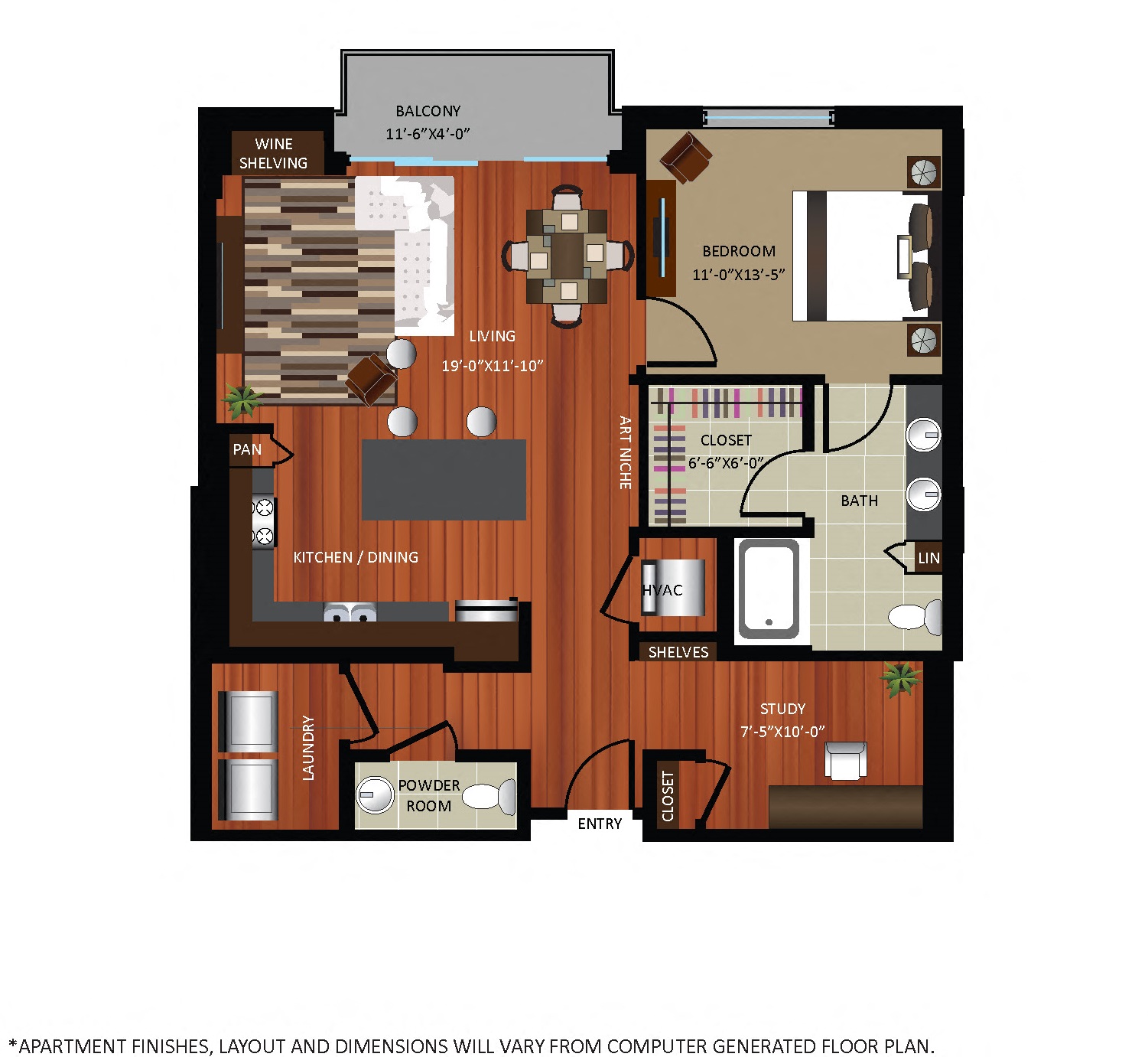Floor plan for 1 bed, 1.5 baths, 1079 sqft