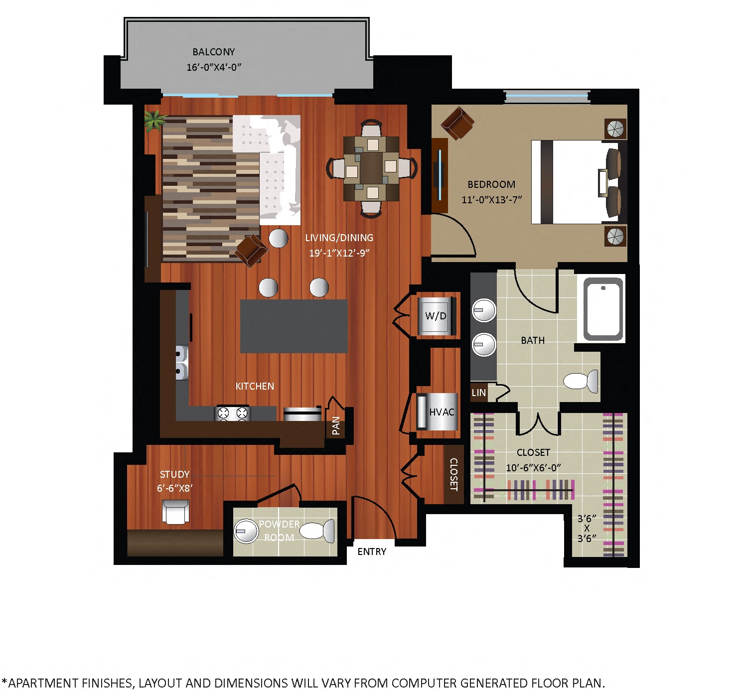 Floor plan for 1 bed, 1.5 baths, 1090 sqft