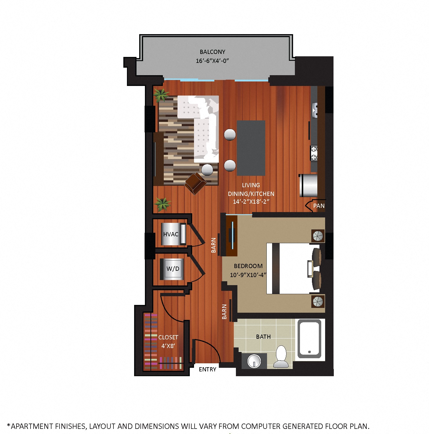 Floor plan for 1 bed, 1 bath, 656 sqft