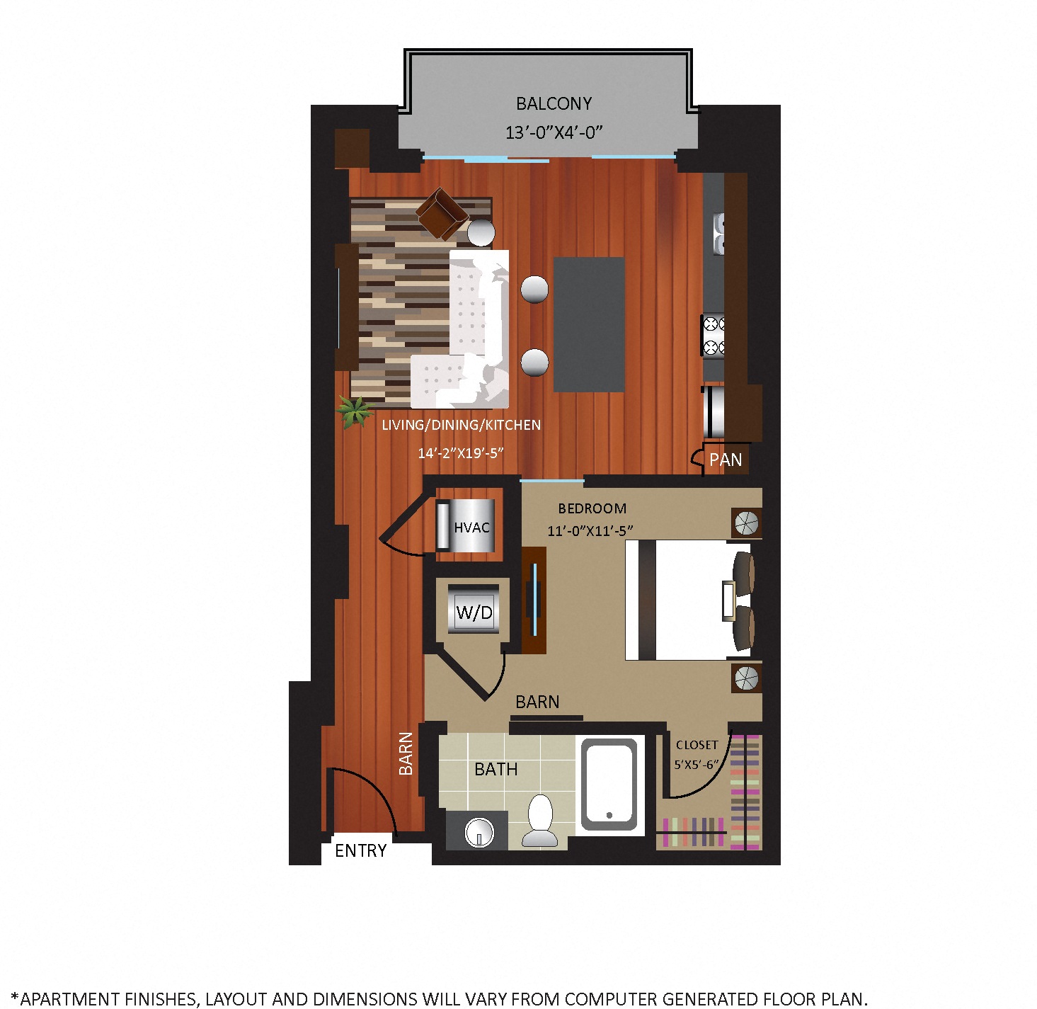 Floor plan for 1 bed, 1 bath, 706 sqft