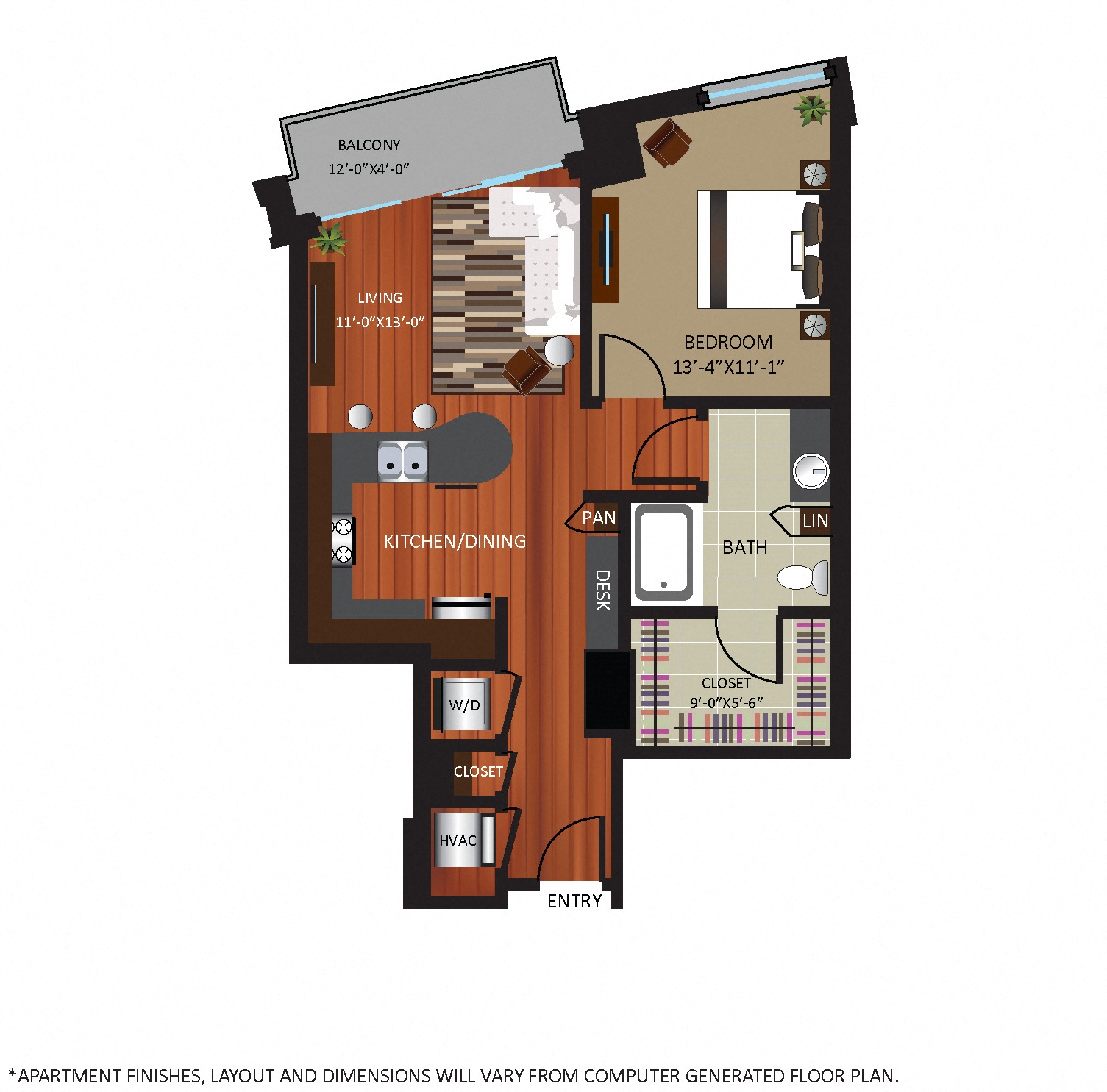Floor plan for 1 bed, 1 bath, 758 sqft