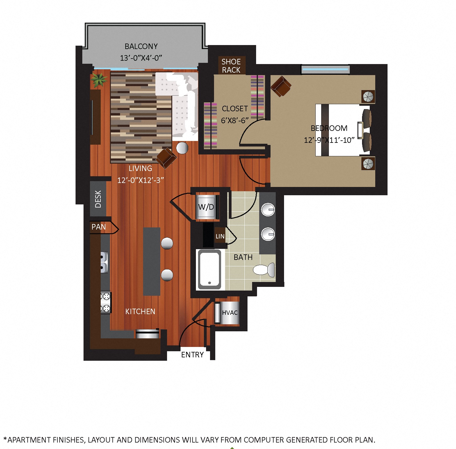 Floor plan for 1 bed, 1 bath, 828 sqft