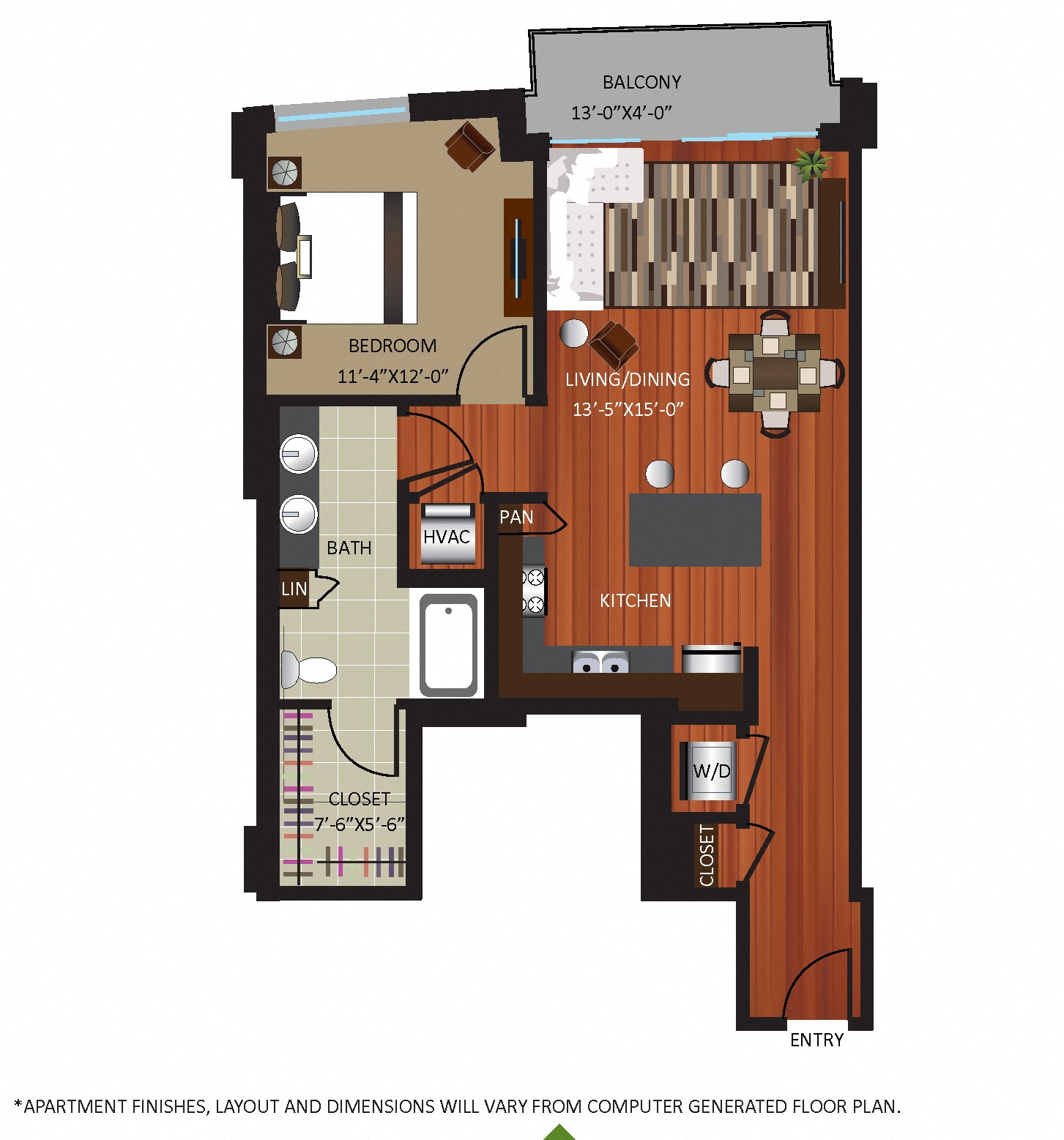 Floor plan for 1 bed, 1 bath, 848 sqft