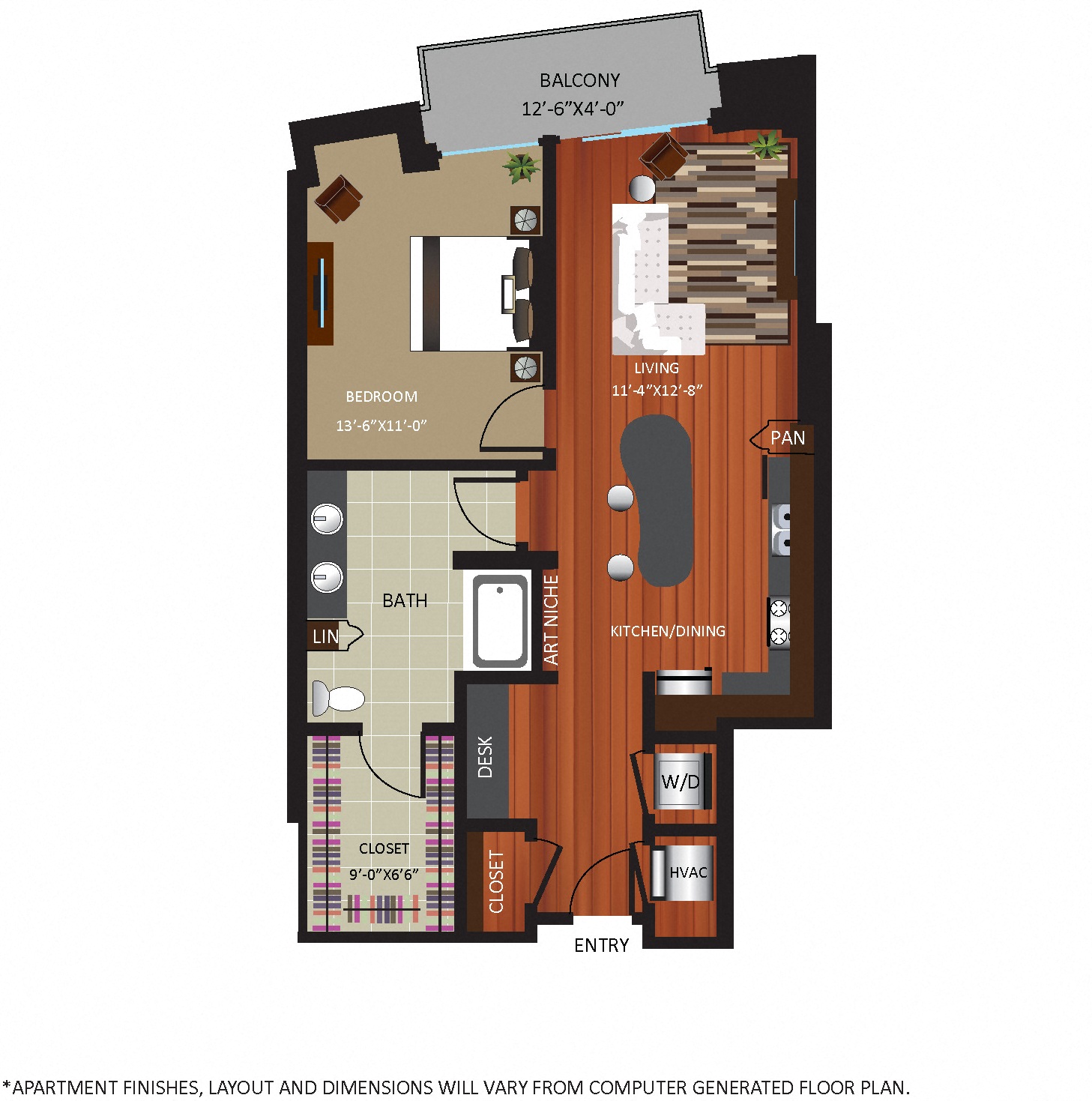 Floor plan for 1 bed, 1 bath, 879 sqft