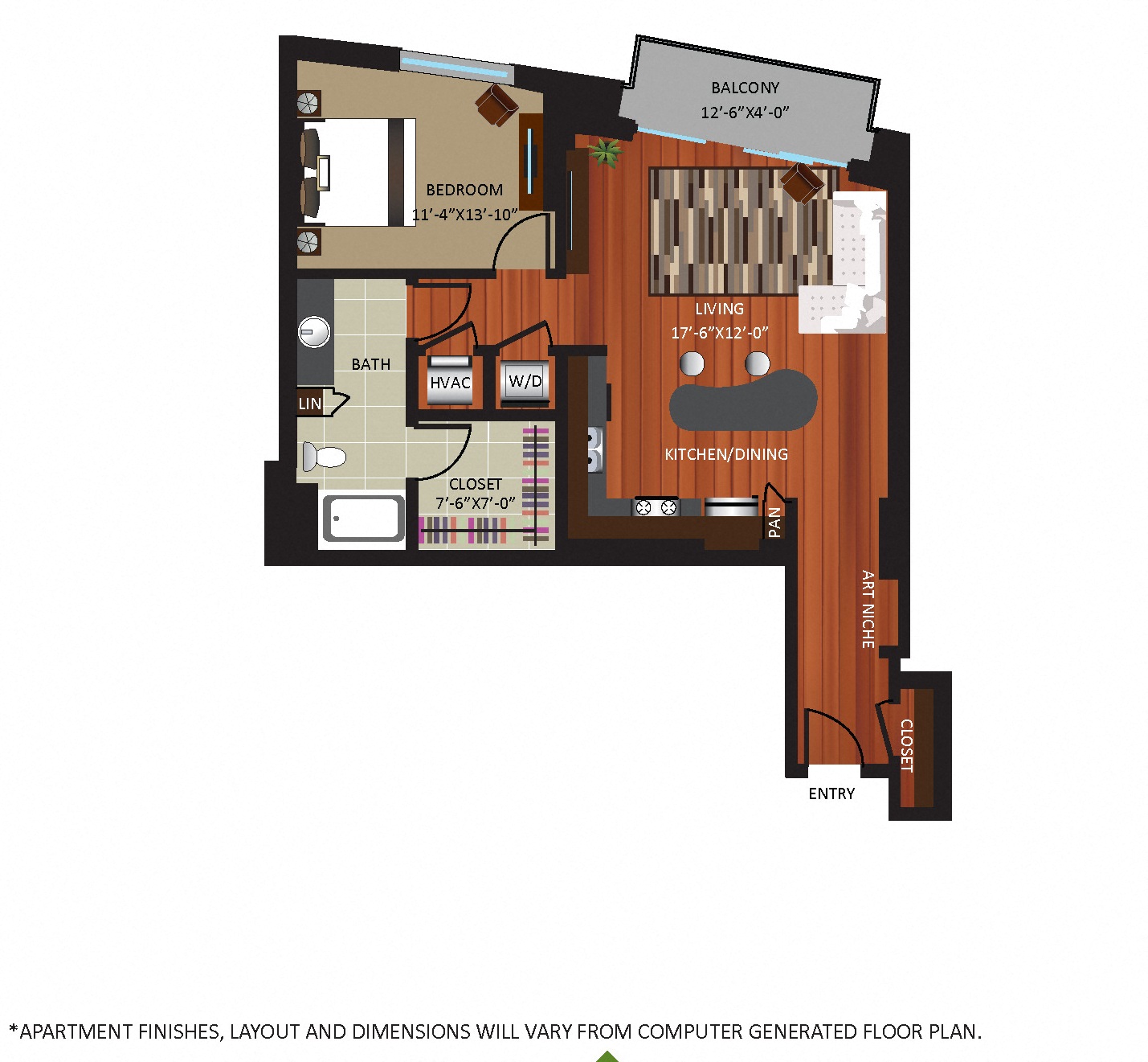 Floor plan for 1 bed, 1 bath, 890 sqft