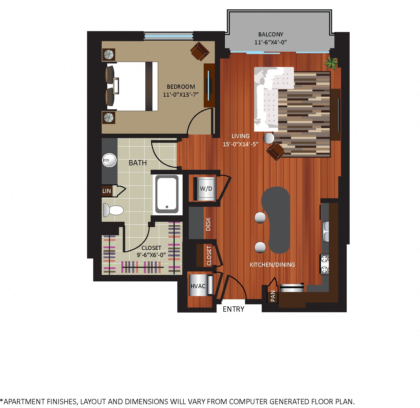 Floor plan for 1 bed, 1 bath, 901 sqft
