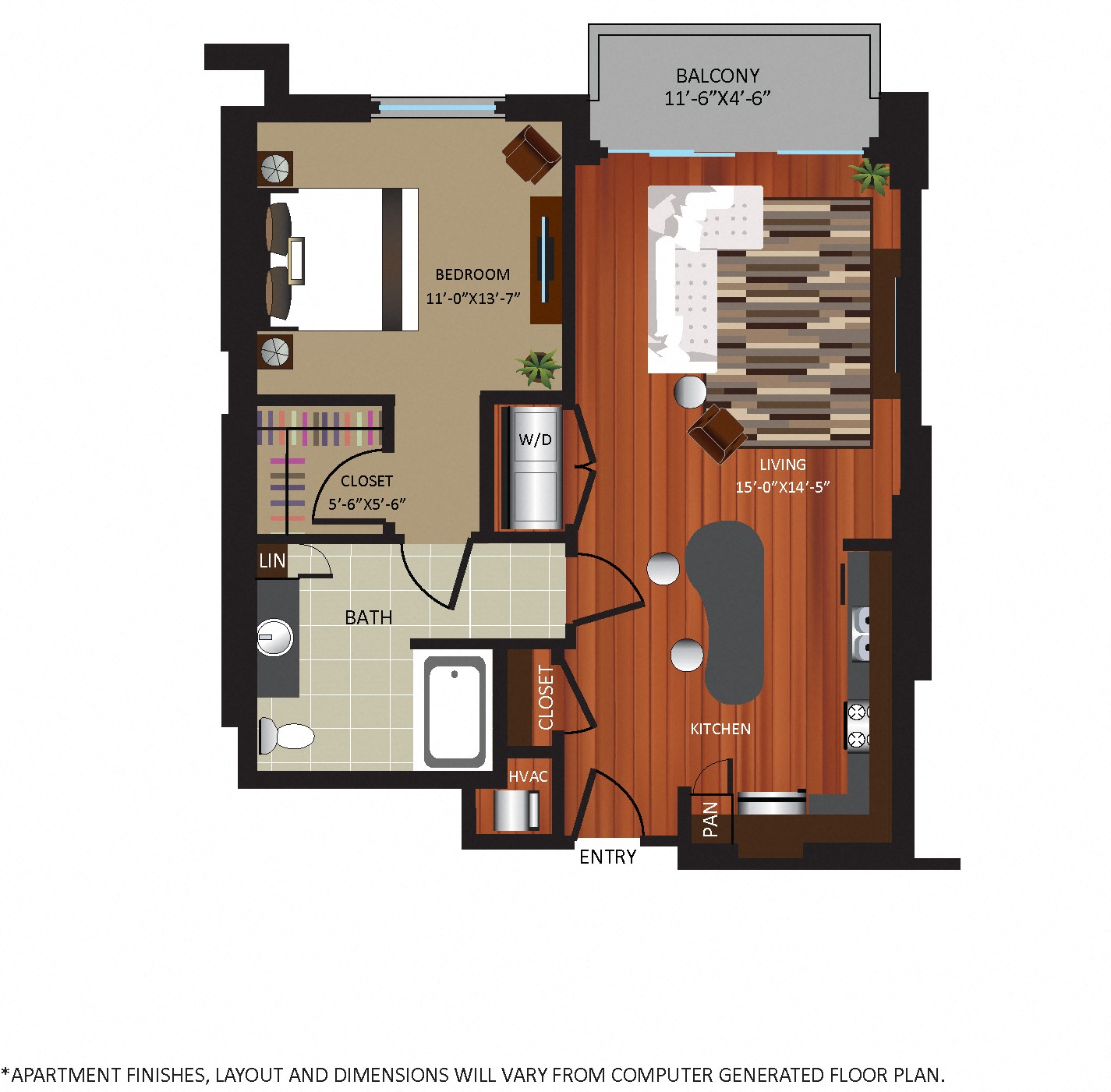 Floor plan for 1 bed, 1 bath, 907 sqft