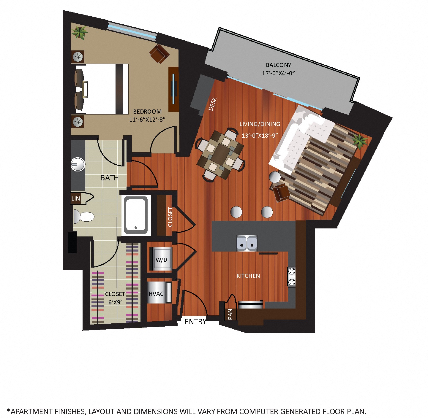 Floor plan for 1 bed, 1 bath, 968 sqft