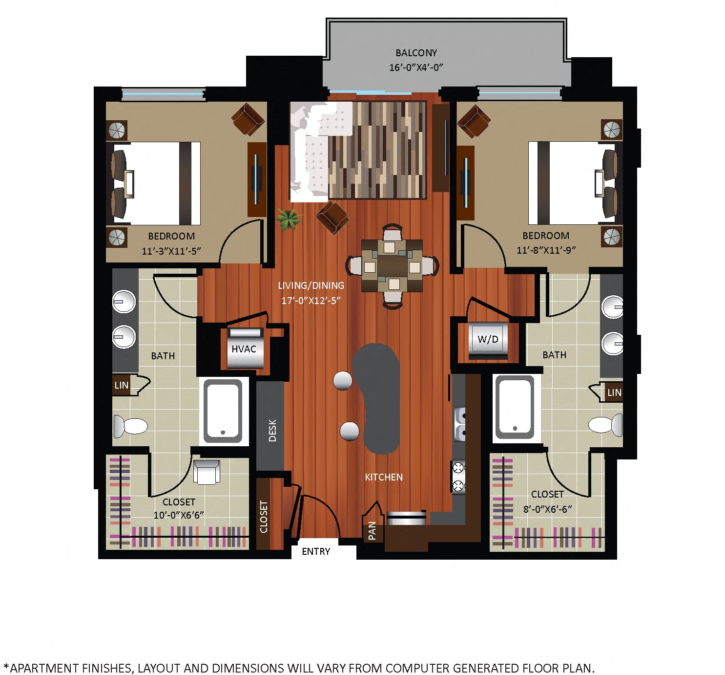 Floor plan for 2 beds, 2 baths, 1233 sqft