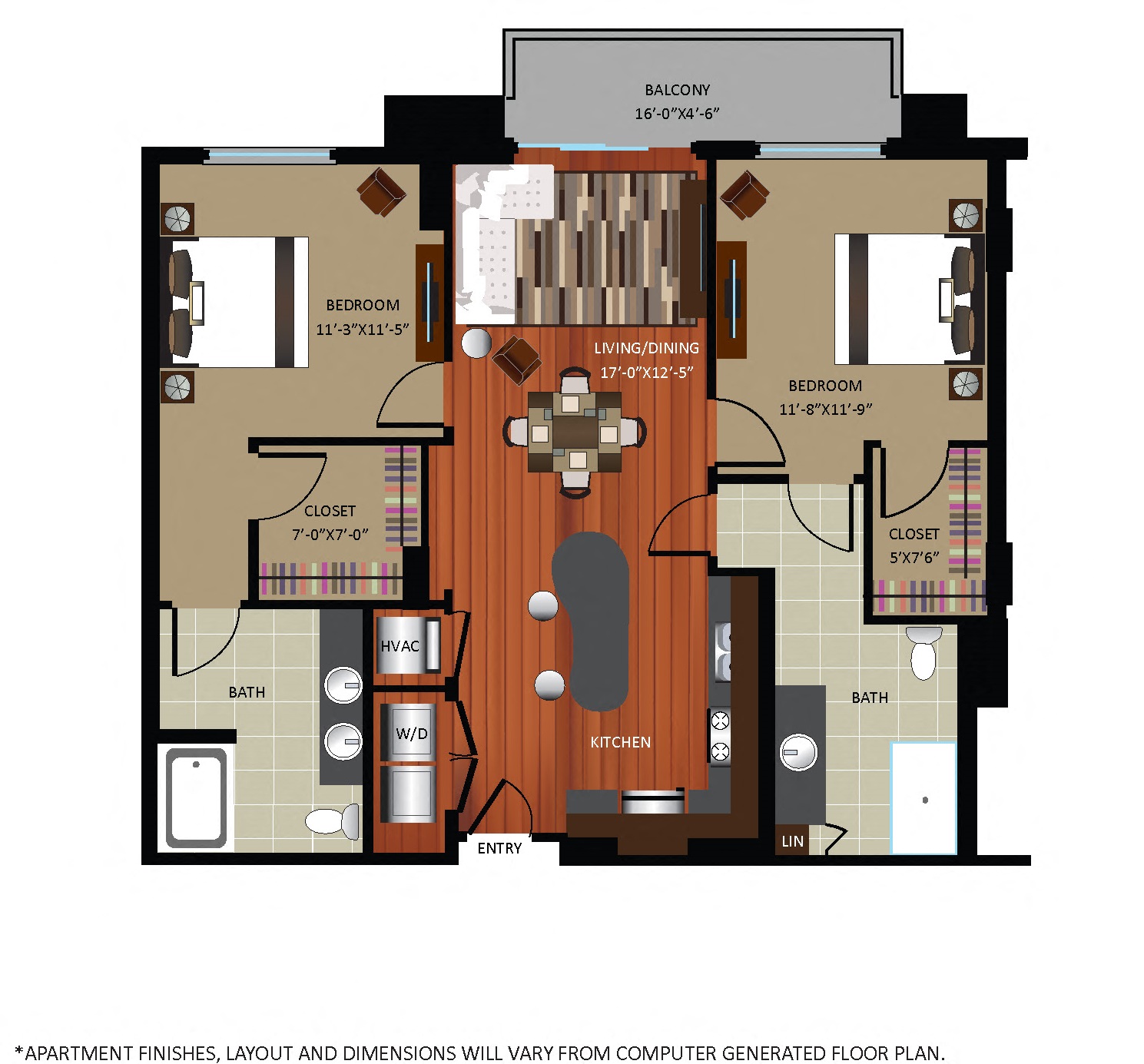 Floor plan for 2 beds, 2 baths, 1245 sqft