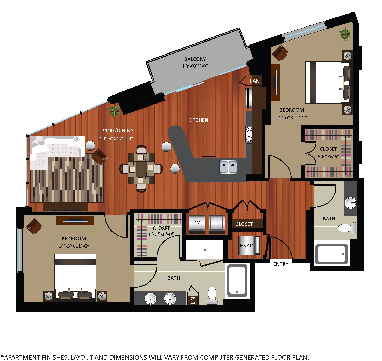 Floor plan for 2 beds, 2 baths, 1318 sqft
