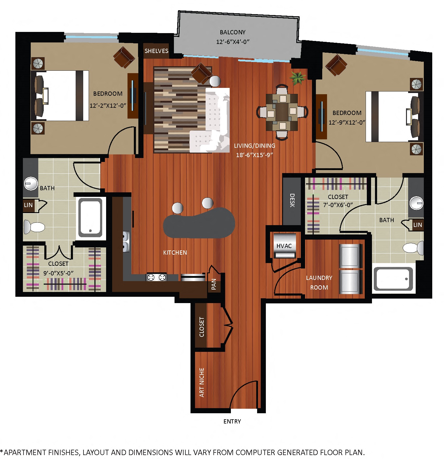 Floor plan for 2 beds, 2 baths, 1347 sqft