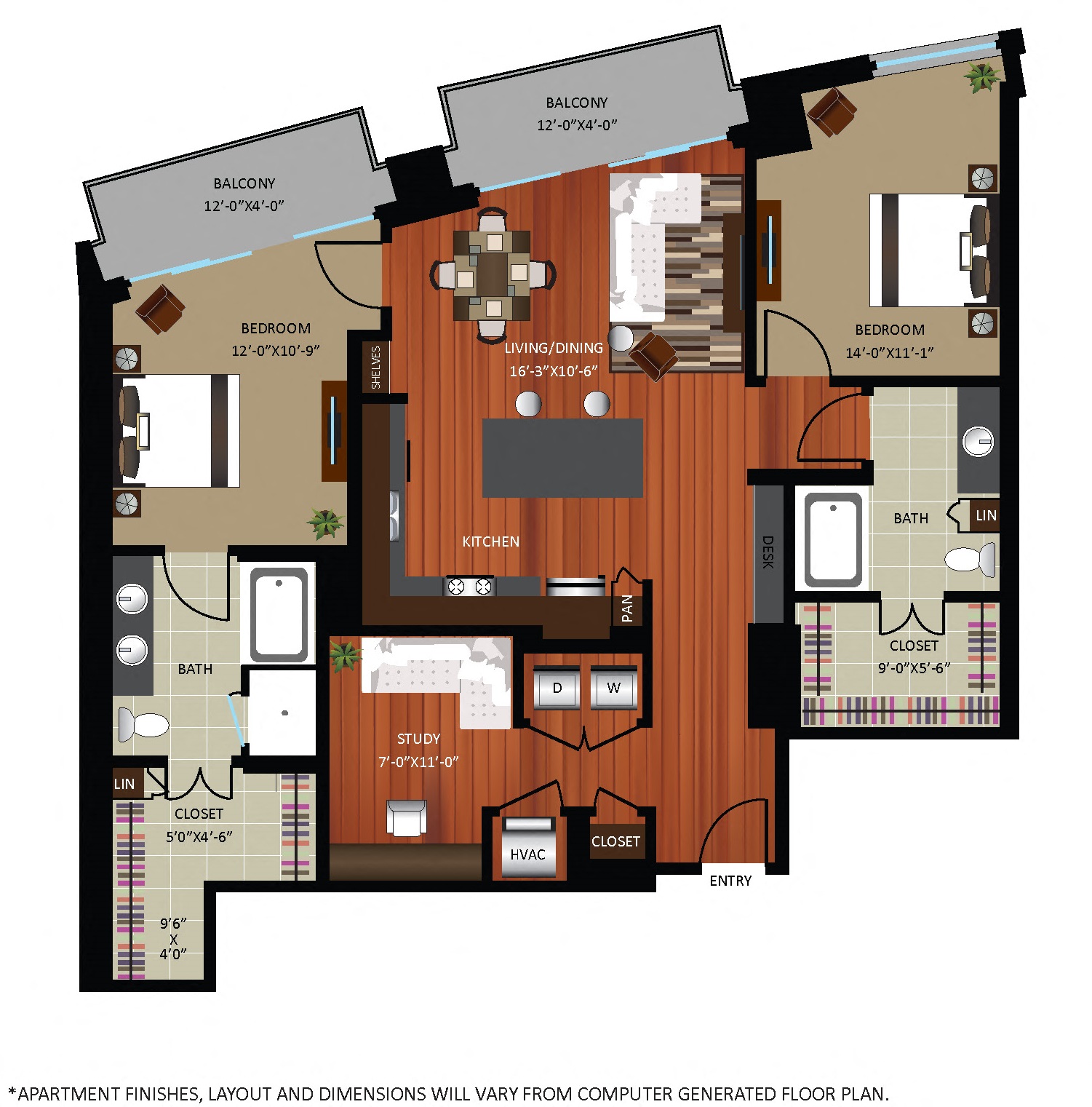 Floor plan for 2 beds, 2 baths, 1348 sqft