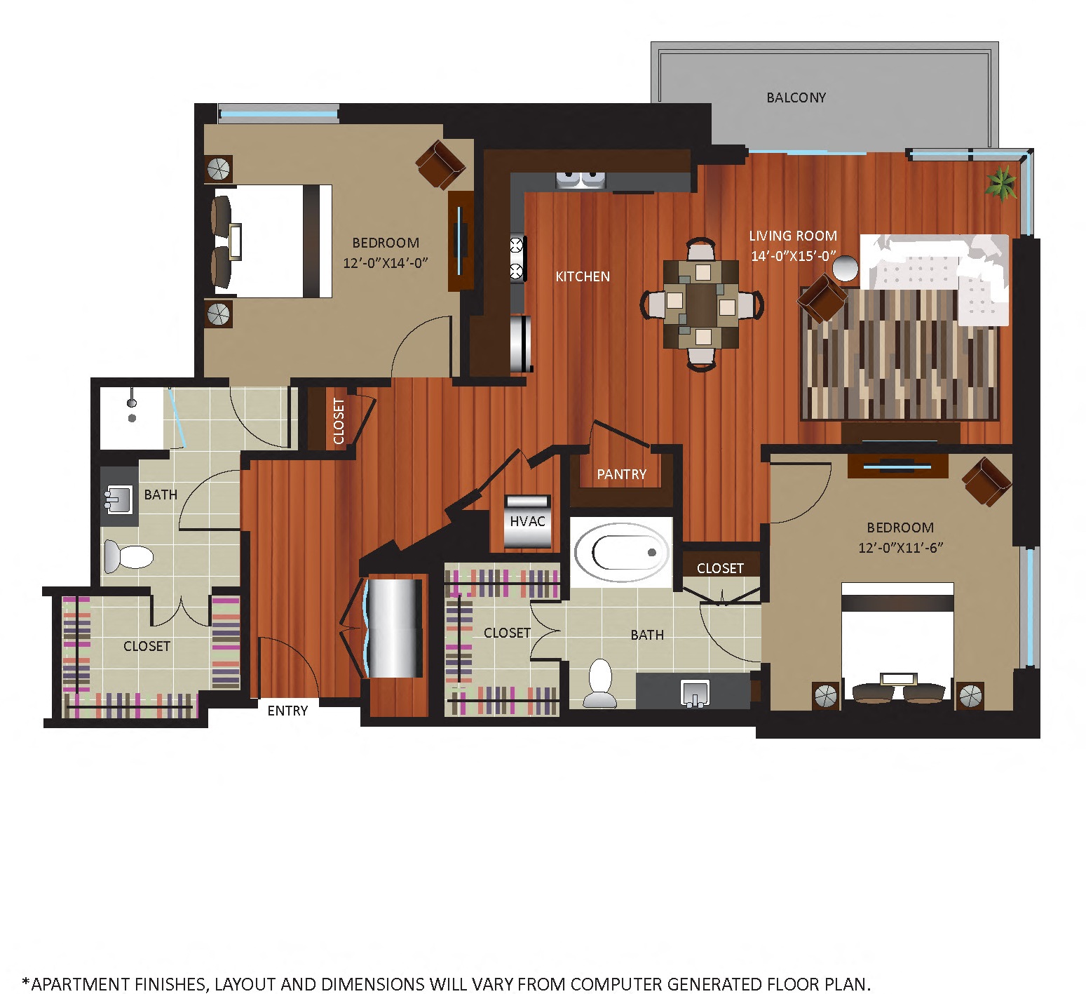 Floor plan for 2 beds, 2 baths, 1418 sqft