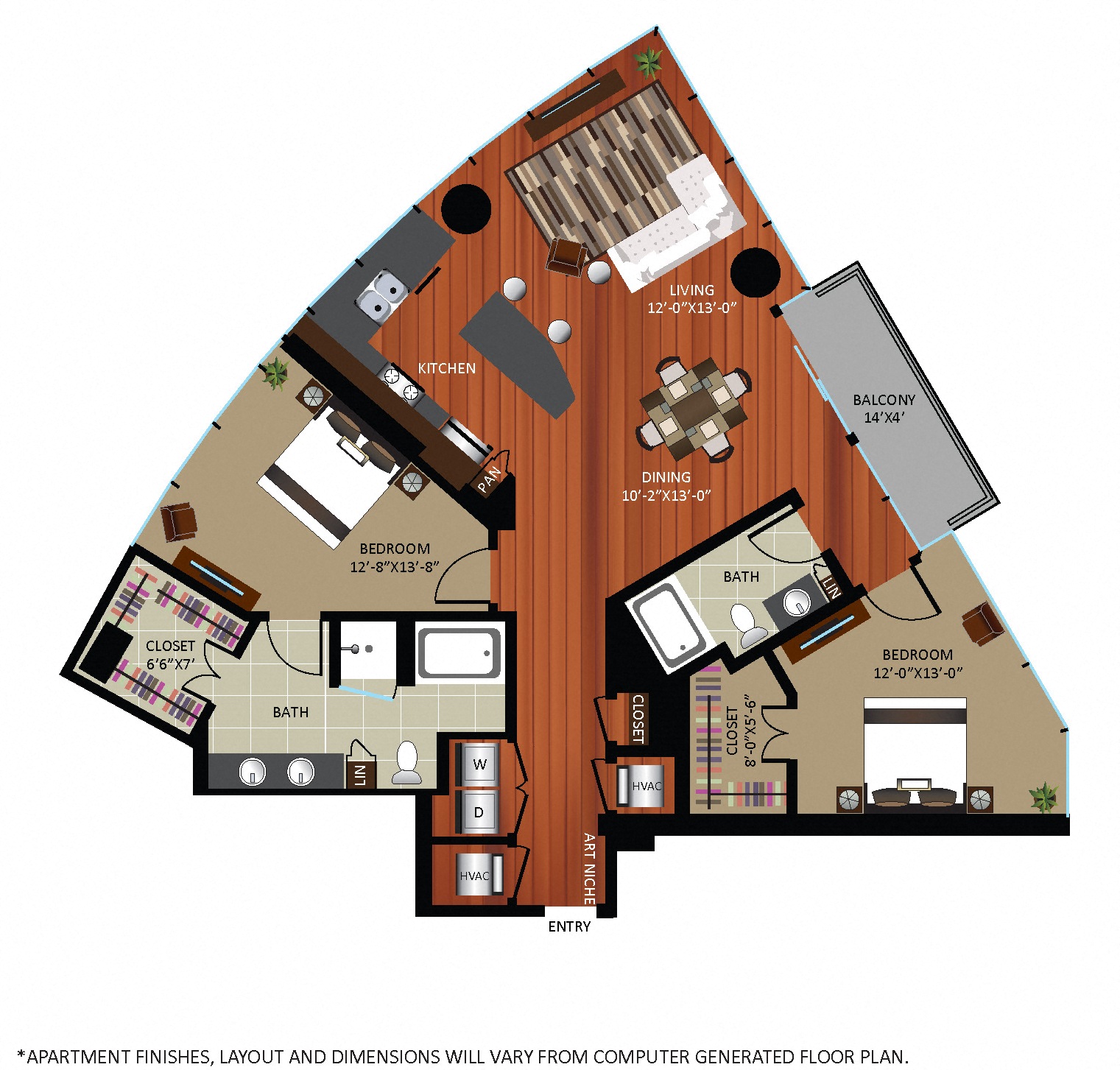 Floor plan for 2 beds, 2 baths, 1454 sqft
