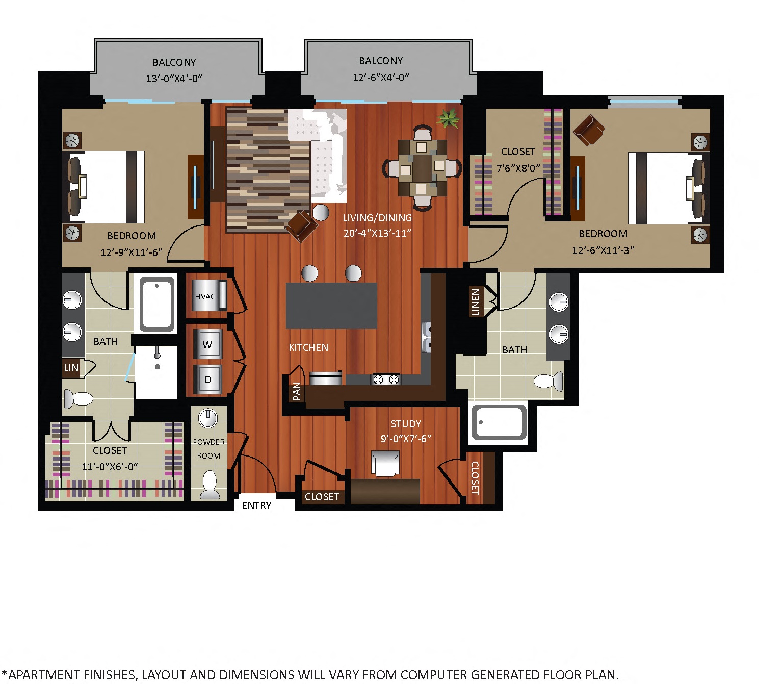 Floor plan for 2 beds, 2.5 baths, 1536 sqft