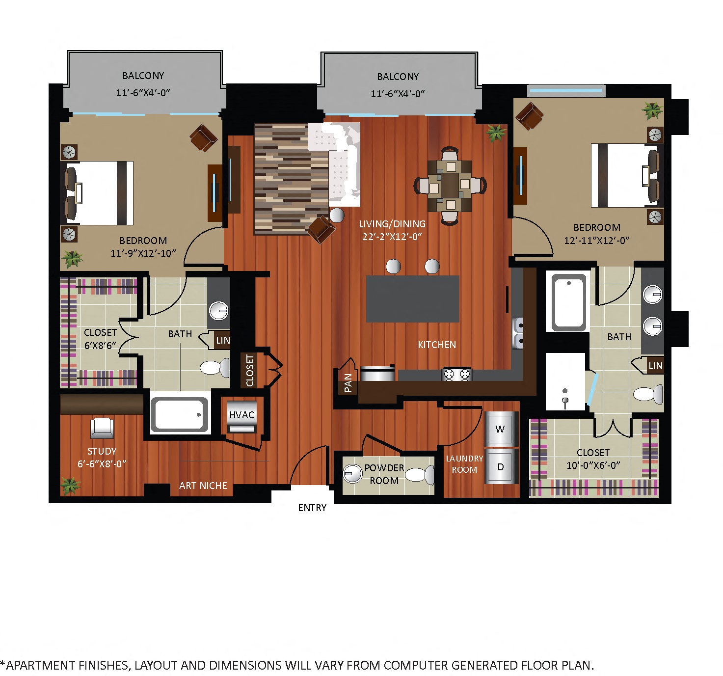 Floor plan for 2 beds, 2.5 baths, 1556 sqft