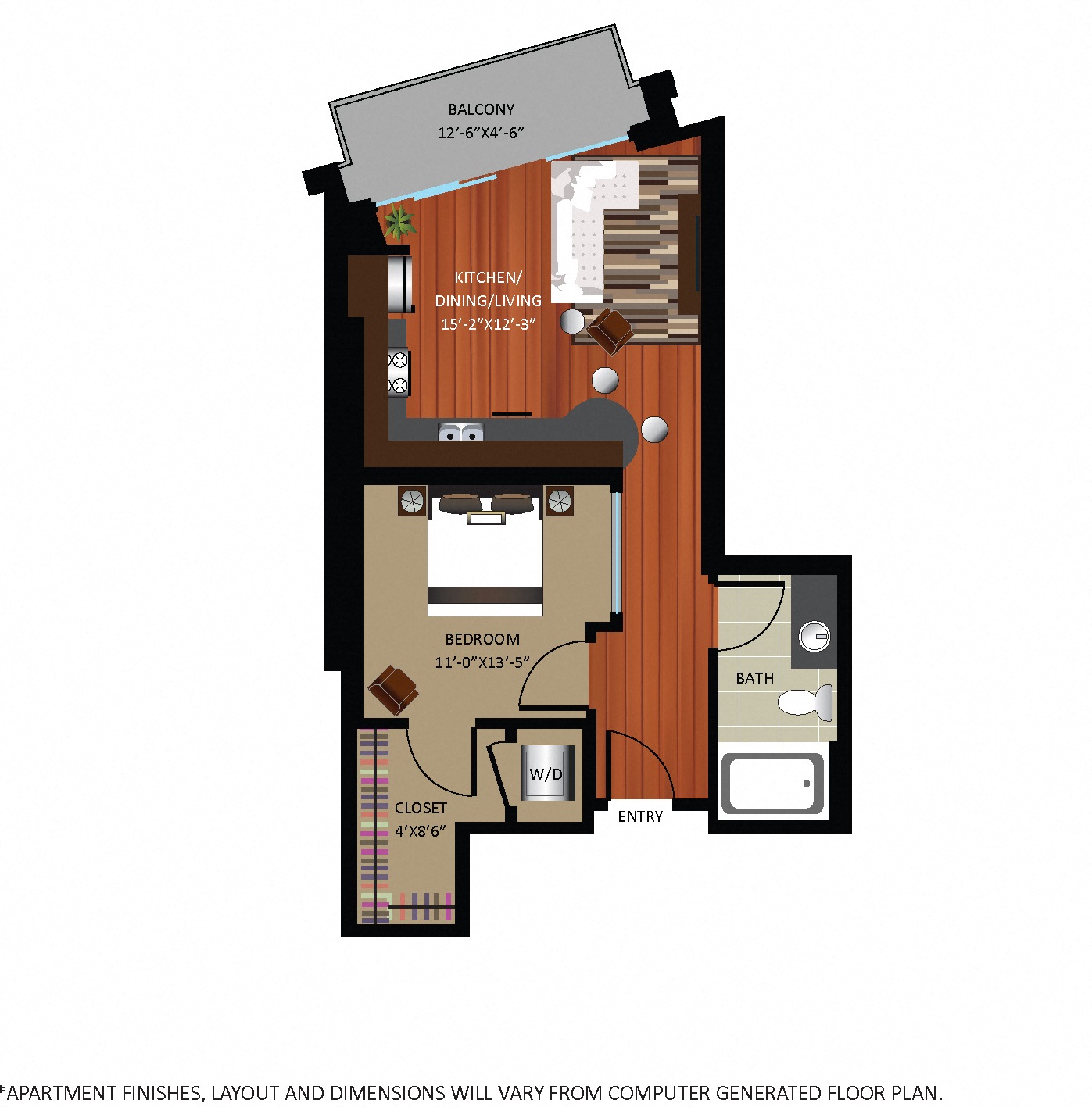 Floor plan for 1 bed, 1 bath, 590 sqft