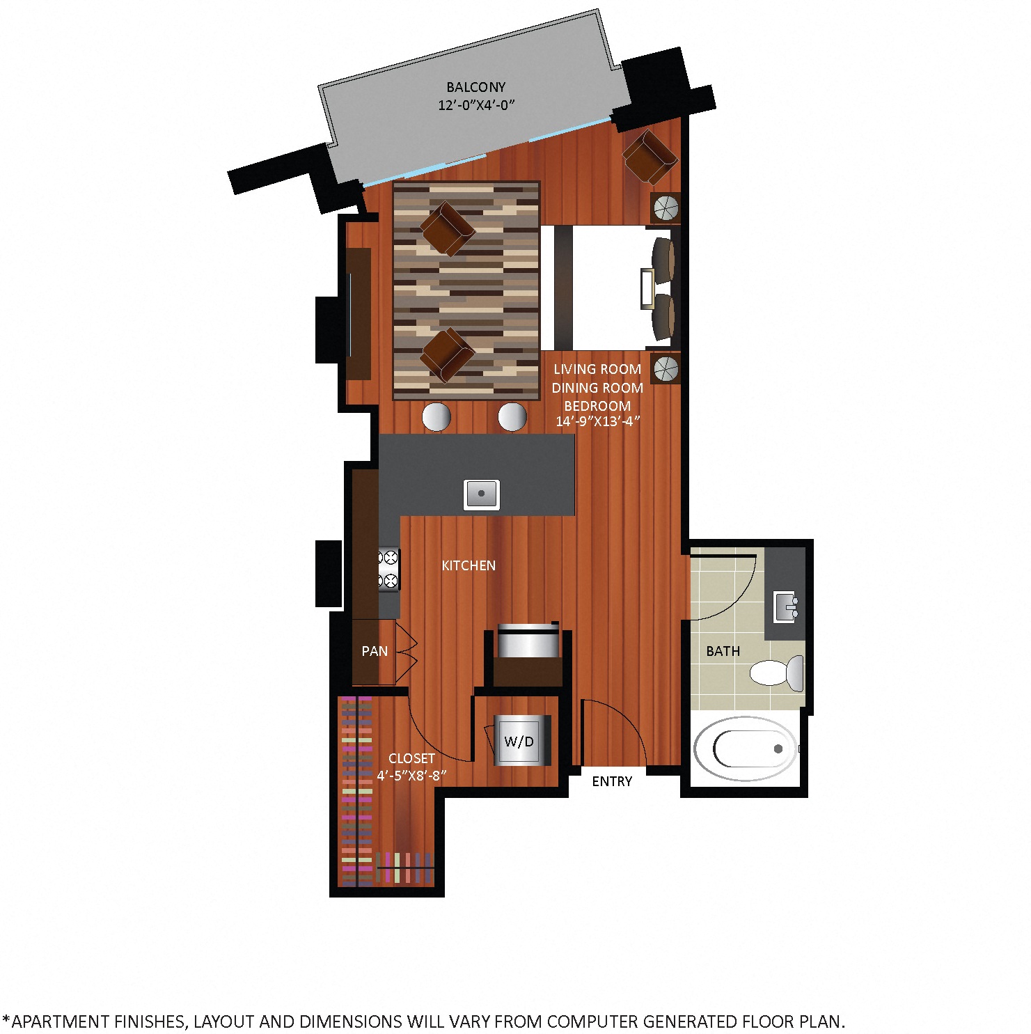 Floor plan for 1 bed, 1 bath, 590 sqft