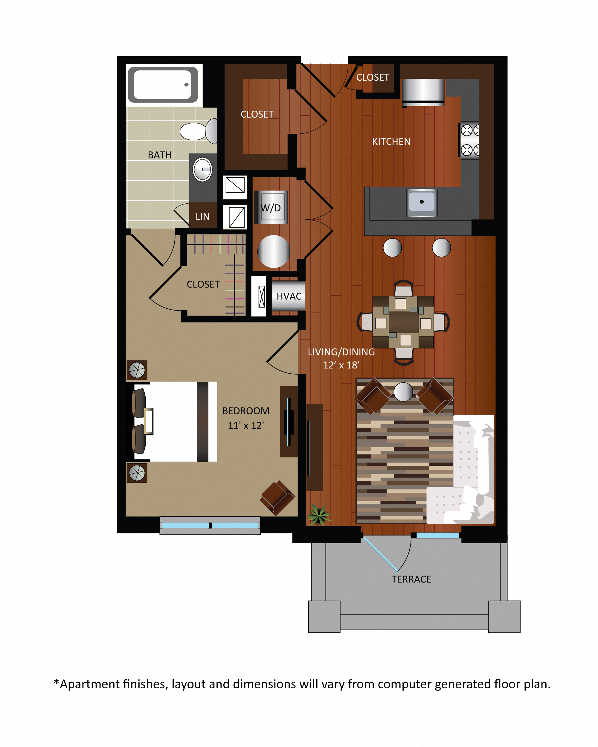 Floor plan for 1 bed, 1 bath, 711 sqft