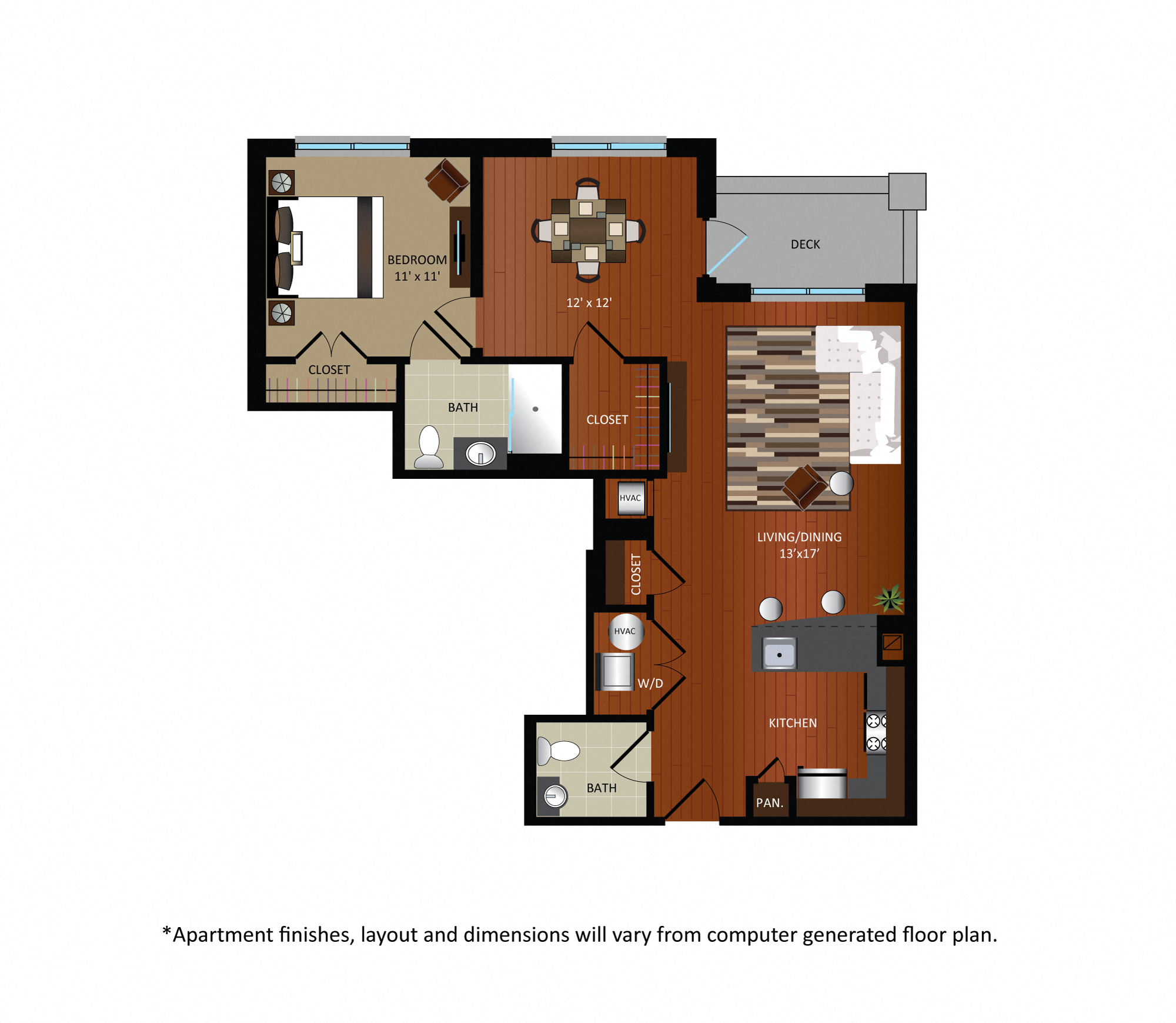 Floor plan for 1 bed, 1.5 baths, 893 sqft