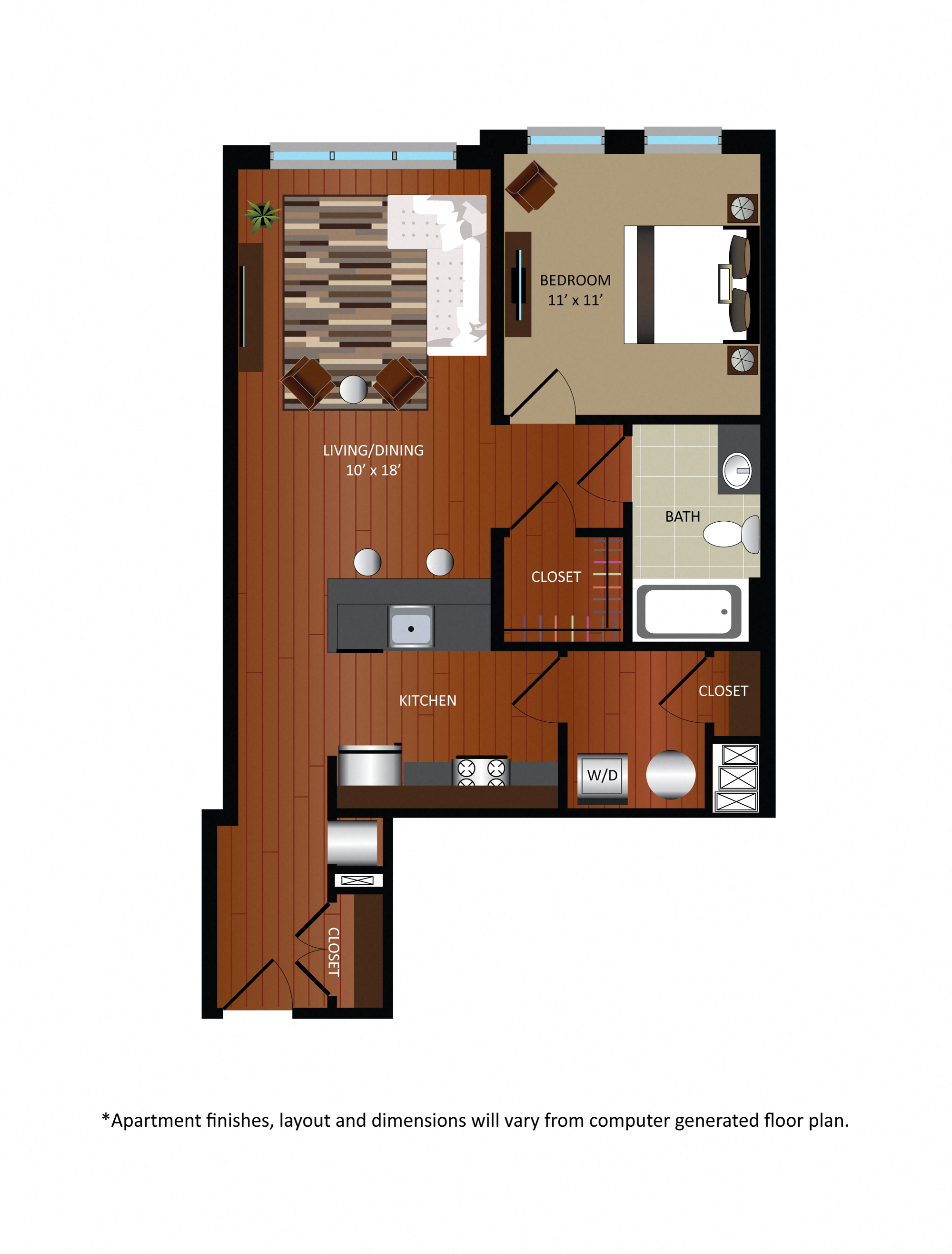 Floor plan for 1 bed, 1 bath, 724 sqft