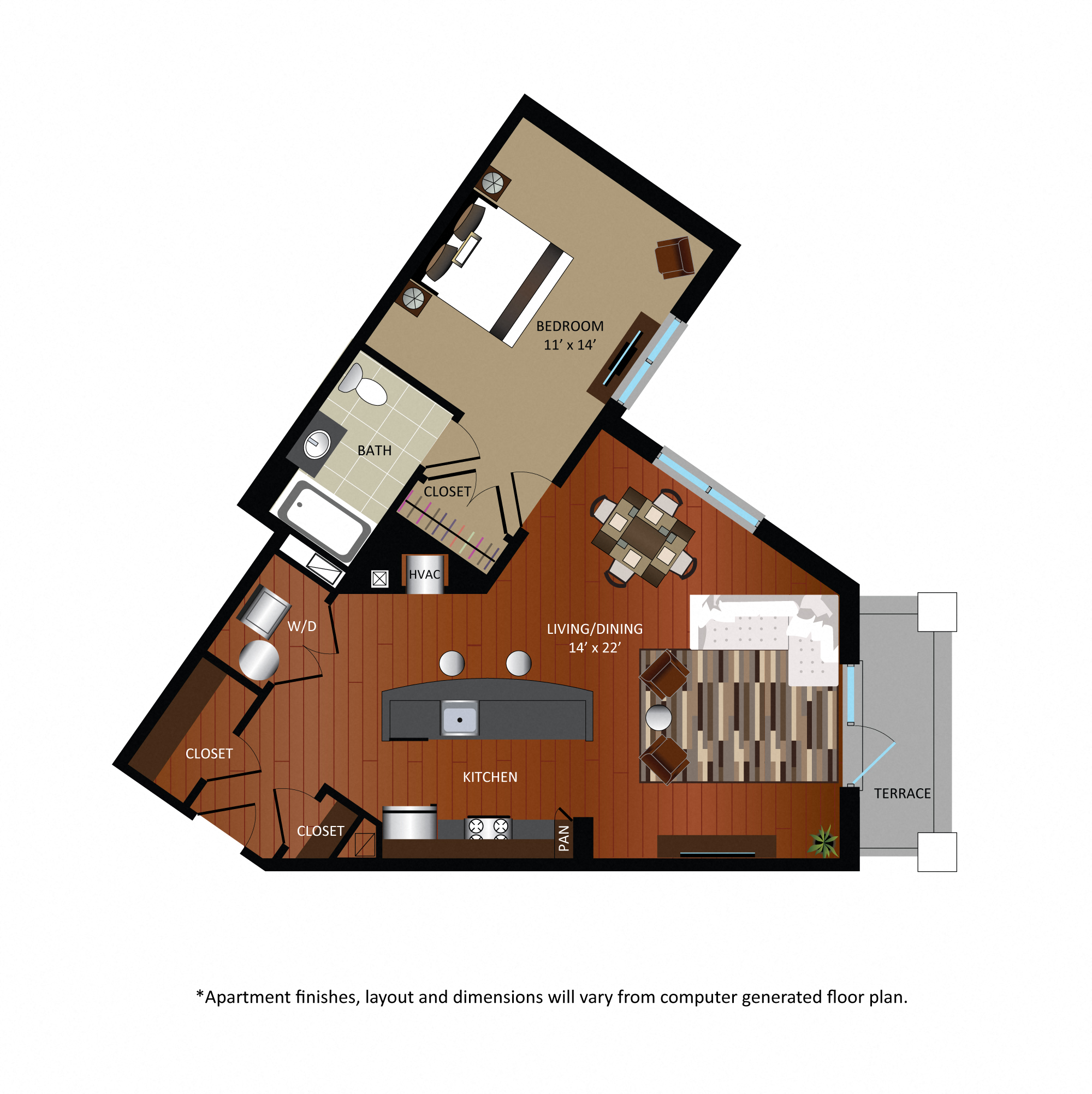 Floor plan for 1 bed, 1 bath, 884 sqft