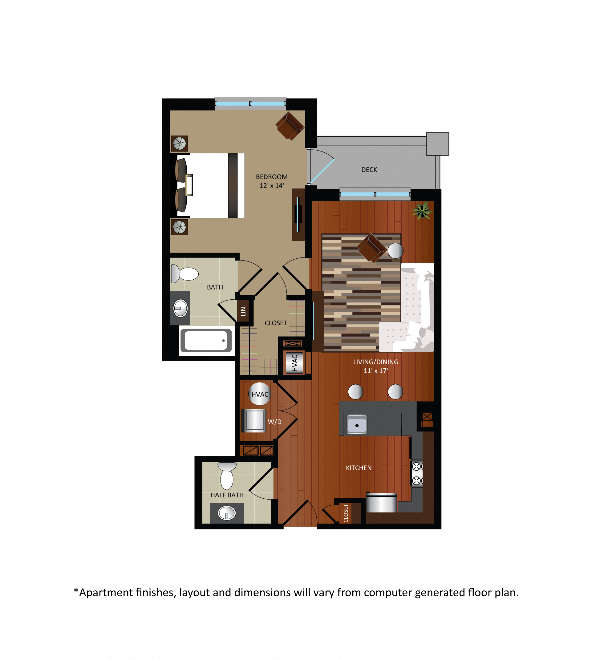 Floor plan for 1 bed, 1.5 baths, 736 sqft