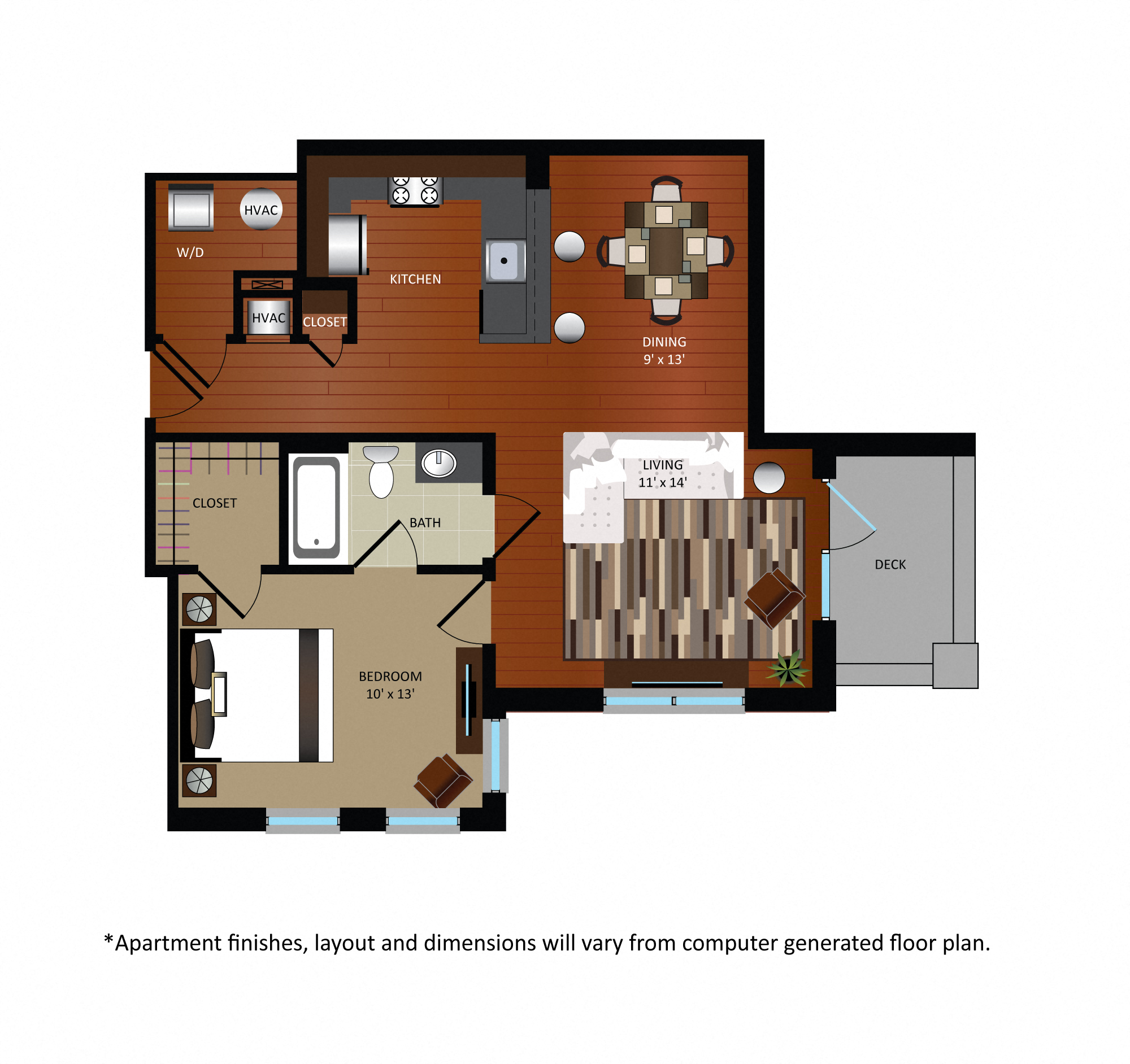 Floor plan for 1 bed, 1 bath, 760 sqft